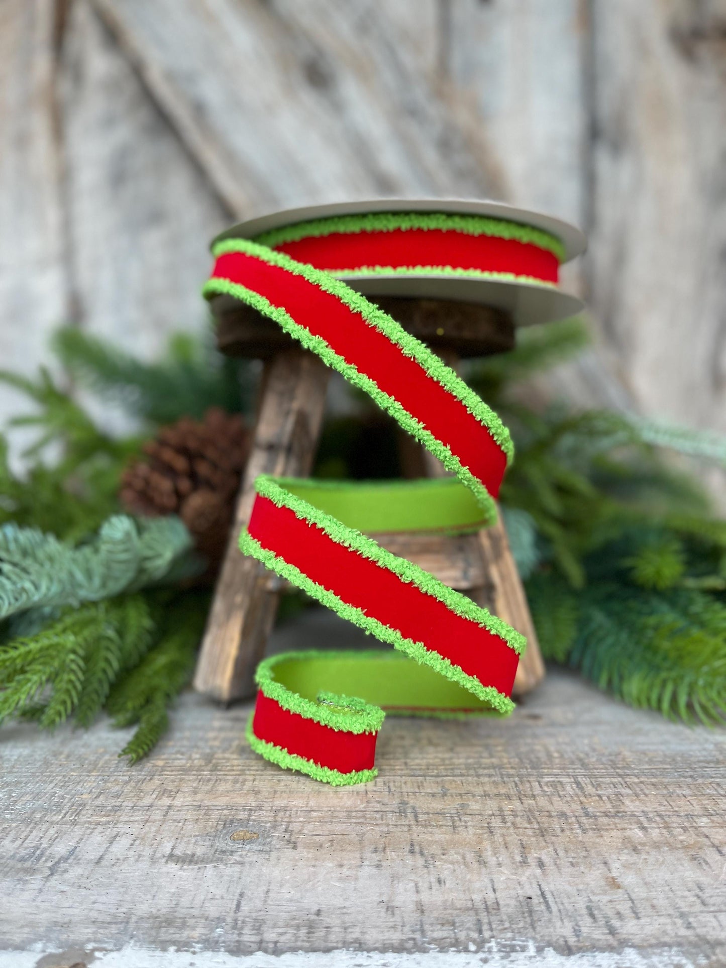 1" Red Lime Green Ribbon, Farrisilk Ribbon, Scrooge Trim Ribbon, Wired Ribbon, Christmas Ribbon, Fuzzy Edge Ribbon, RS221-47