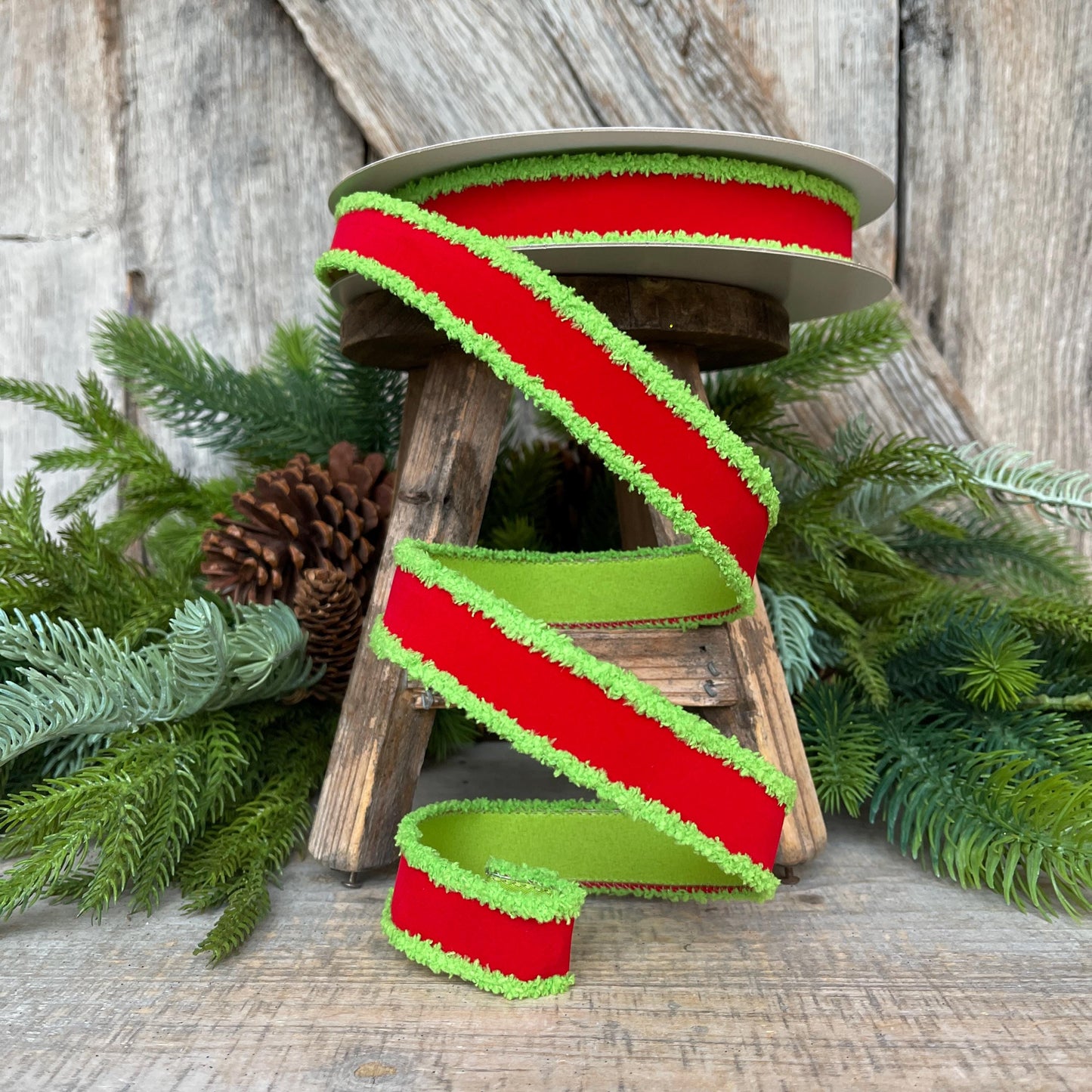 1" Red Lime Green Ribbon, Farrisilk Ribbon, Scrooge Trim Ribbon, Wired Ribbon, Christmas Ribbon, Fuzzy Edge Ribbon, RS221-47
