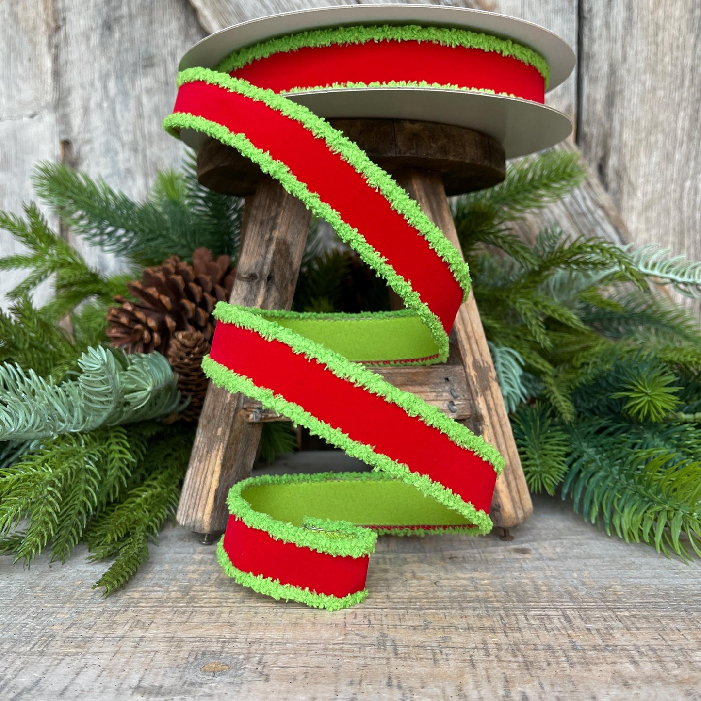 1" Red Lime Green Ribbon, Farrisilk Ribbon, Scrooge Trim Ribbon, Wired Ribbon, Christmas Ribbon, Fuzzy Edge Ribbon, RS221-47
