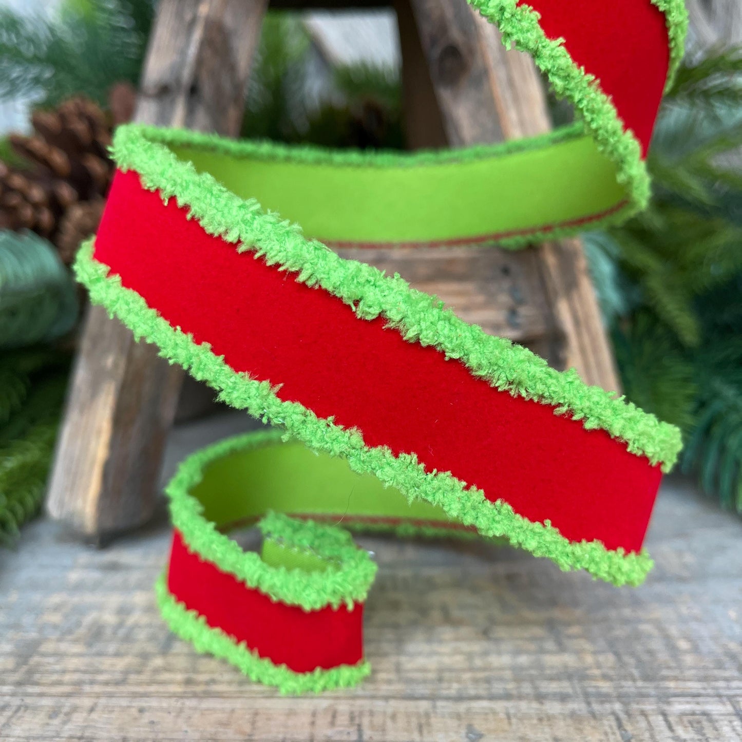 1" Red Lime Green Ribbon, Farrisilk Ribbon, Scrooge Trim Ribbon, Wired Ribbon, Christmas Ribbon, Fuzzy Edge Ribbon, RS221-47