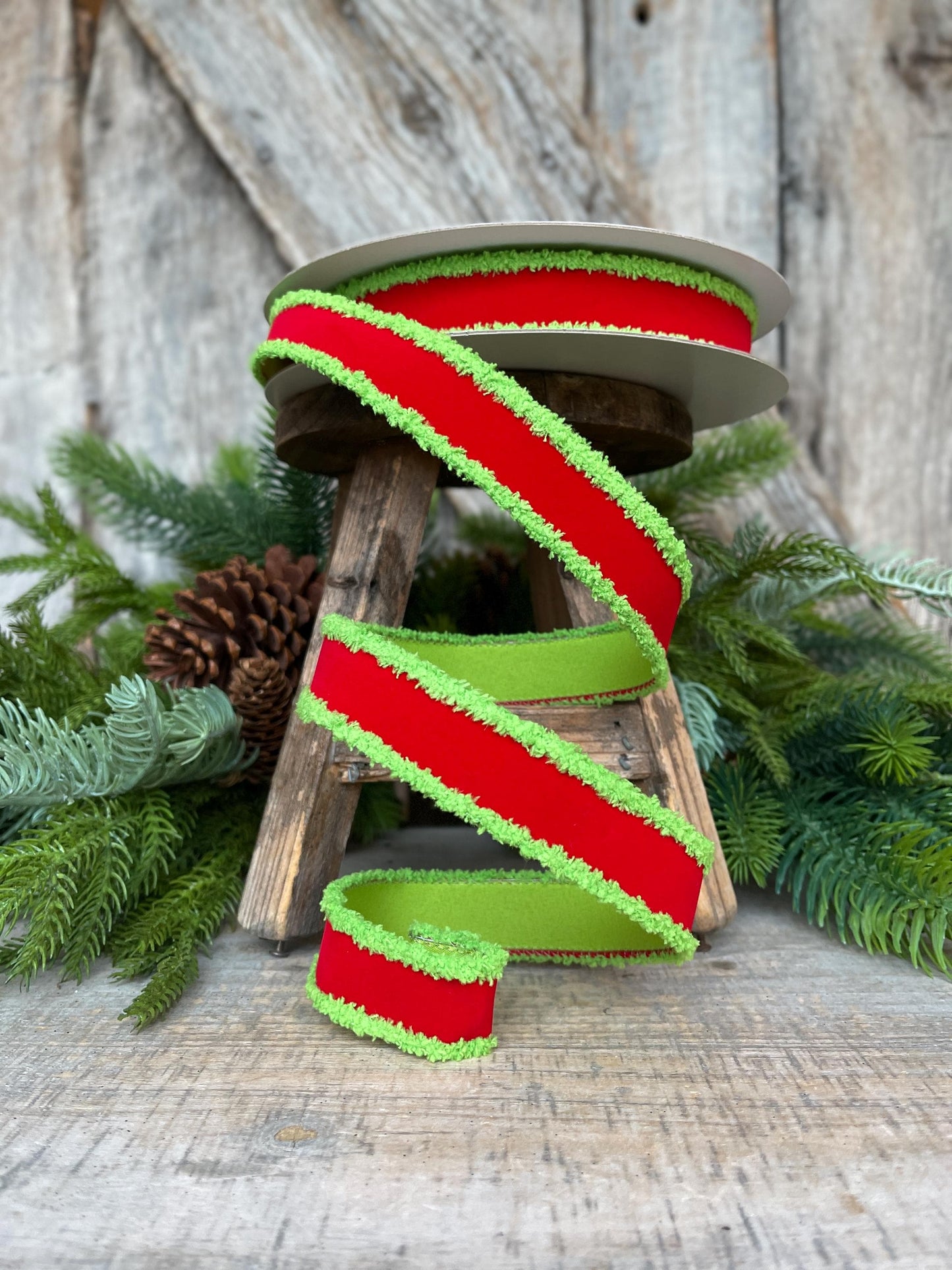 1" Red Lime Green Ribbon, Farrisilk Ribbon, Scrooge Trim Ribbon, Wired Ribbon, Christmas Ribbon, Fuzzy Edge Ribbon, RS221-47
