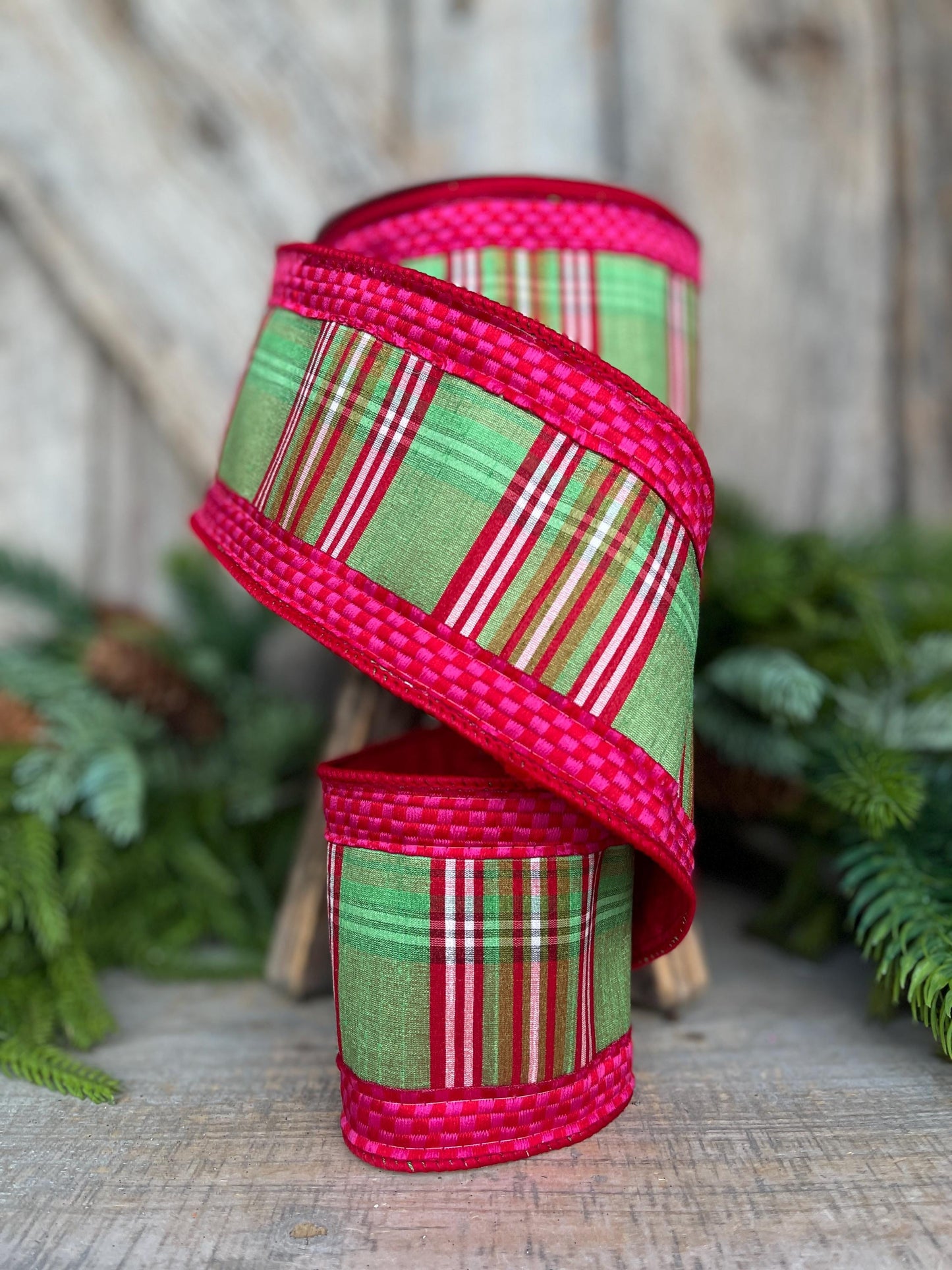 4" Kitschy Plaid Ribbon, Farrisilk Ribbon, Green Pink Red Plaid Ribbon