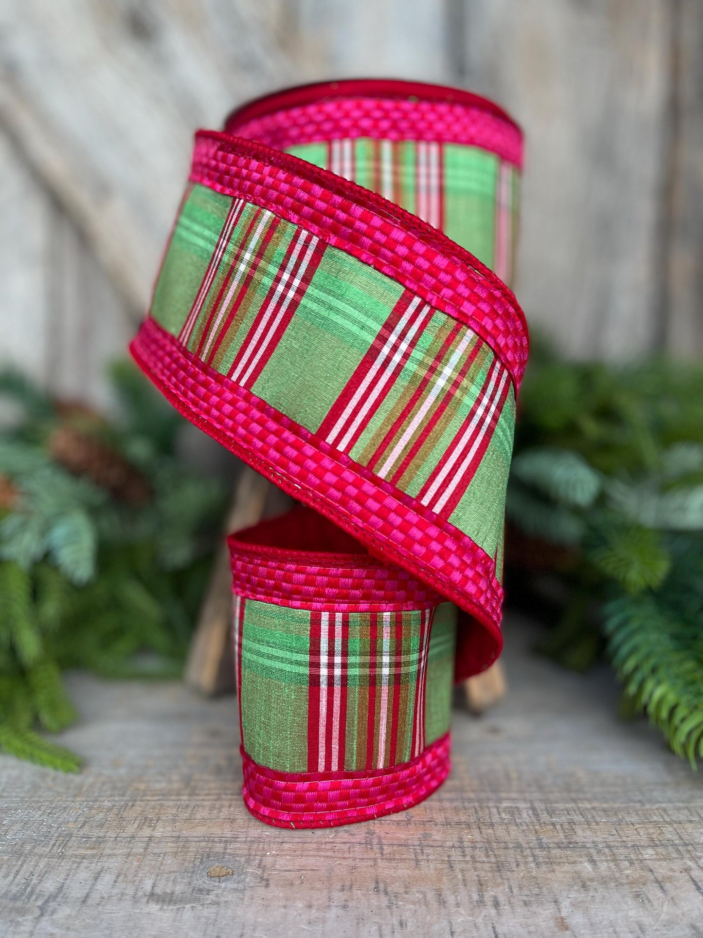 4" Kitschy Plaid Ribbon, Farrisilk Ribbon, Green Pink Red Plaid Ribbon