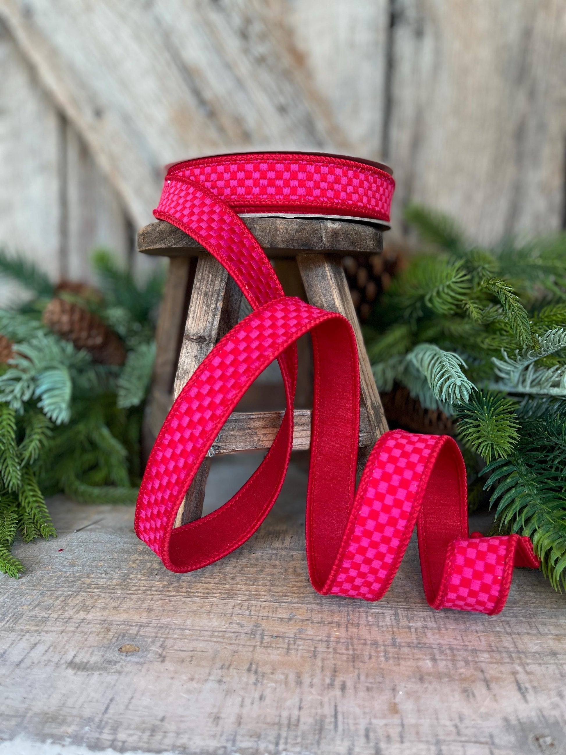 1" Hot Pink Red Ribbon, Farrisilk Ribbon, Kitschy Checks Ribbon