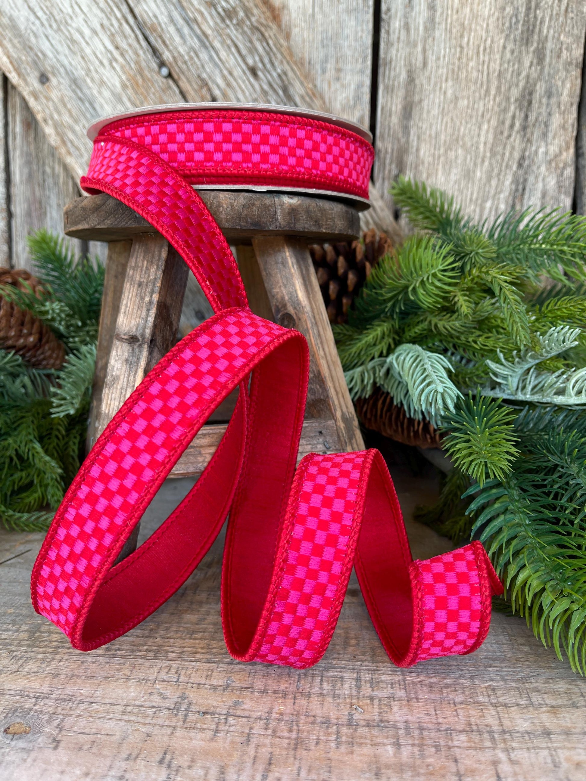 1" Hot Pink Red Ribbon, Farrisilk Ribbon, Kitschy Checks Ribbon