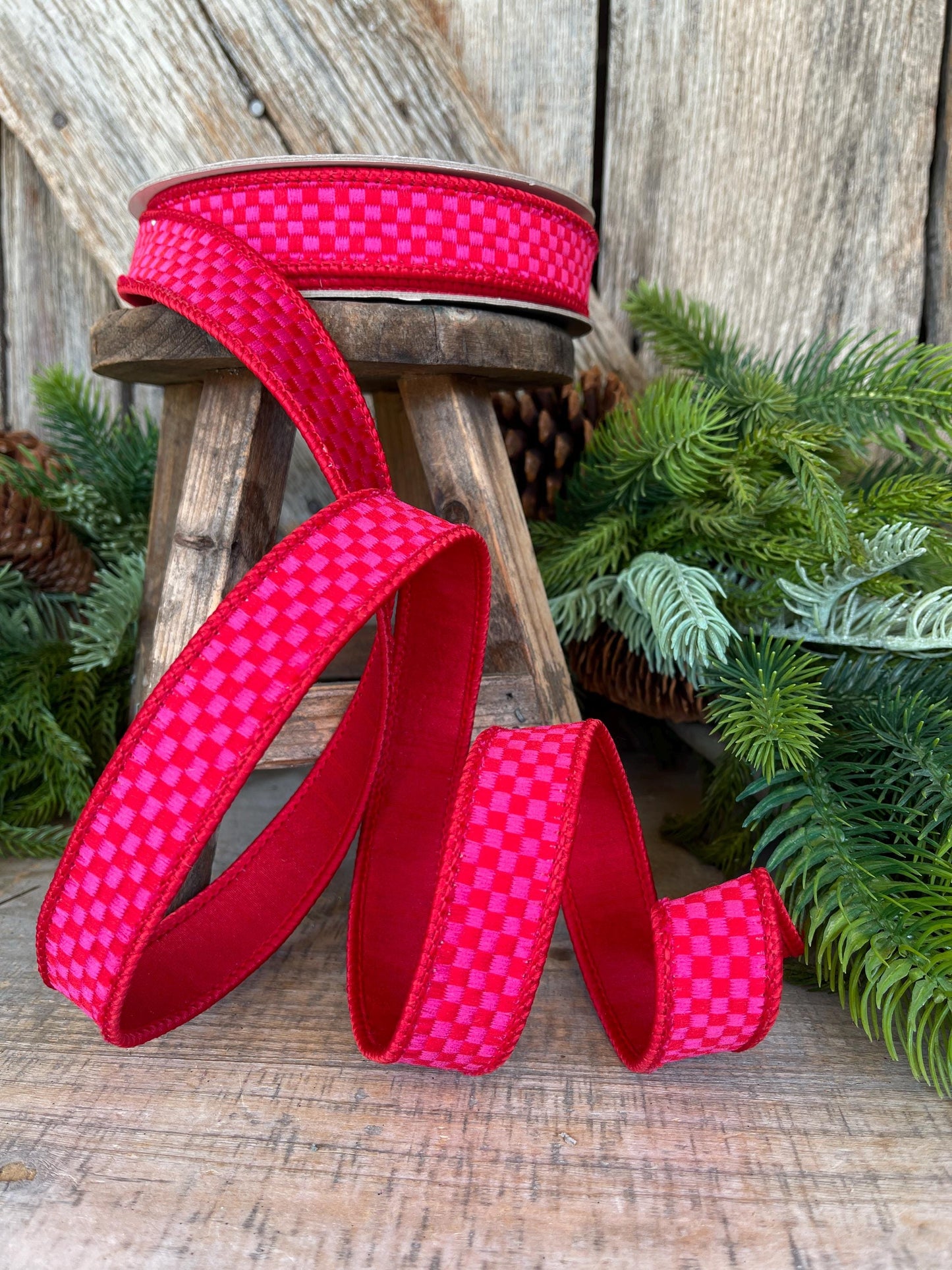 1" Hot Pink Red Ribbon, Farrisilk Ribbon, Kitschy Checks Ribbon