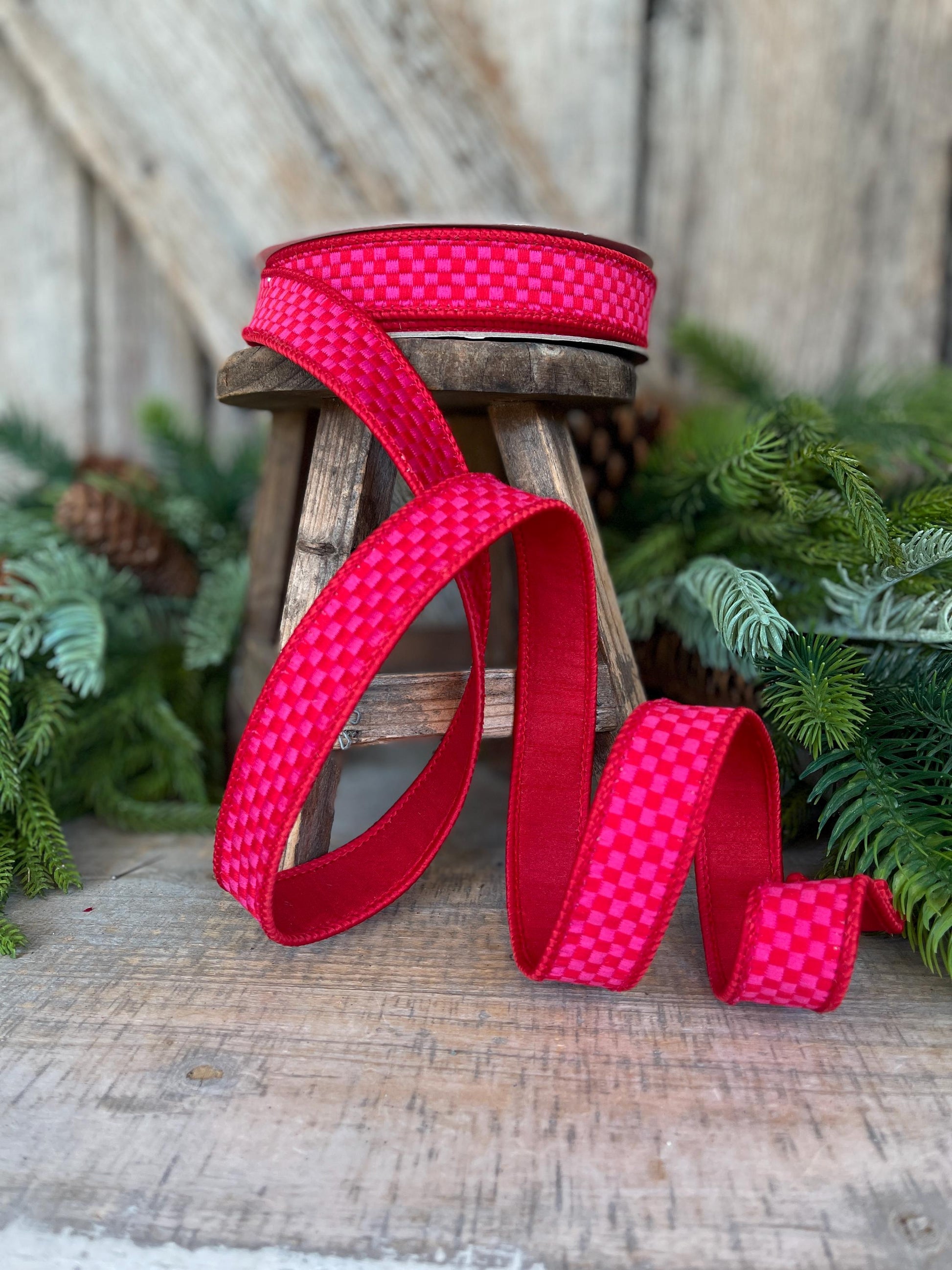 1" Hot Pink Red Ribbon, Farrisilk Ribbon, Kitschy Checks Ribbon