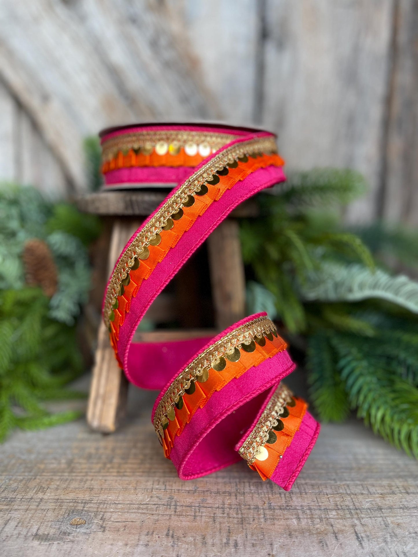 1" Pink Orange Festive Frills, Farrisilk RIbbon, Pink Orange Gold RIbbon