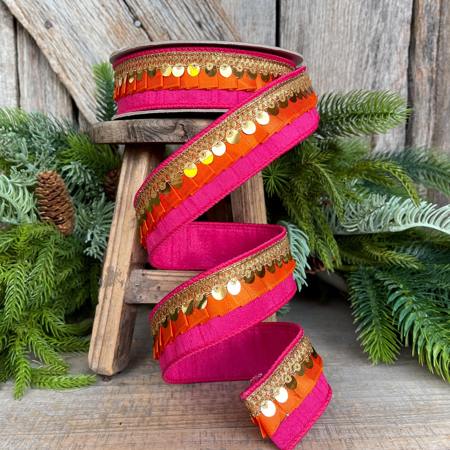 1" Pink Orange Festive Frills, Farrisilk RIbbon, Pink Orange Gold RIbbon