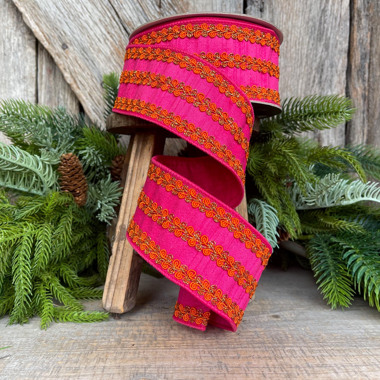 2.5" Hot Pink Orange Ribbon, Farrisilk Ribbon, Hot Pink & Orange Carnival Frills Ribbon