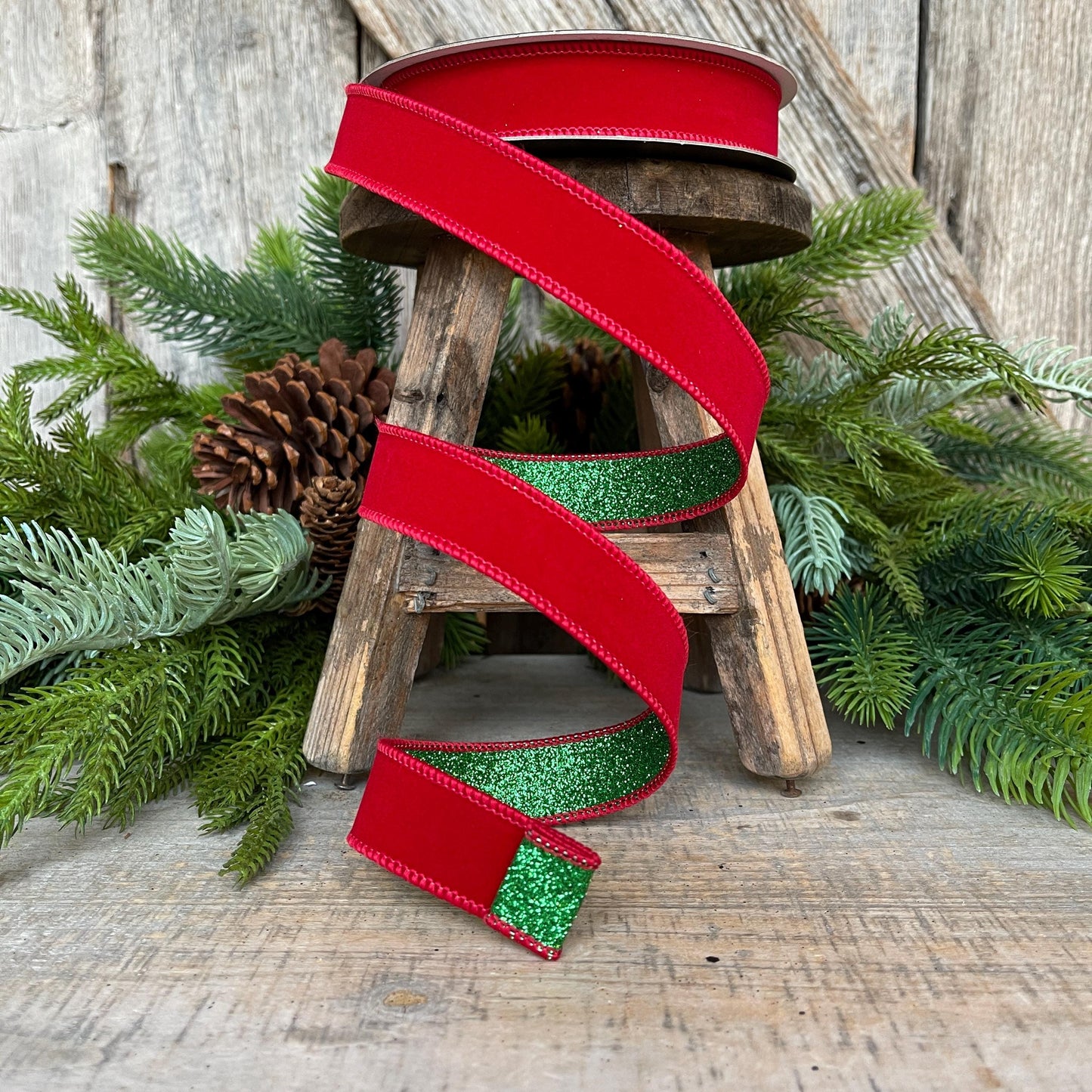 1" Red & Emerald Green Ribbon, Farrisilk Ribbon, Red Green Fusion Ribbon