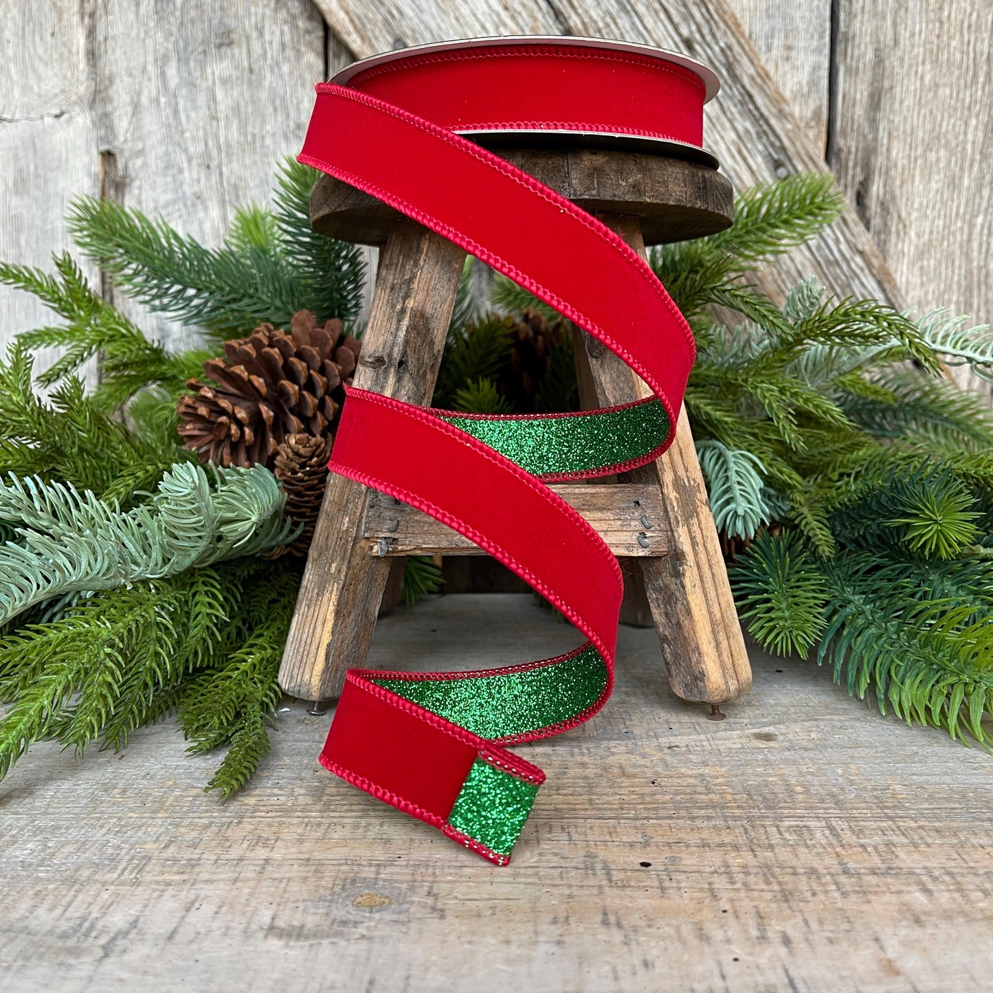 1" Red & Emerald Green Ribbon, Farrisilk Ribbon, Red Green Fusion Ribbon