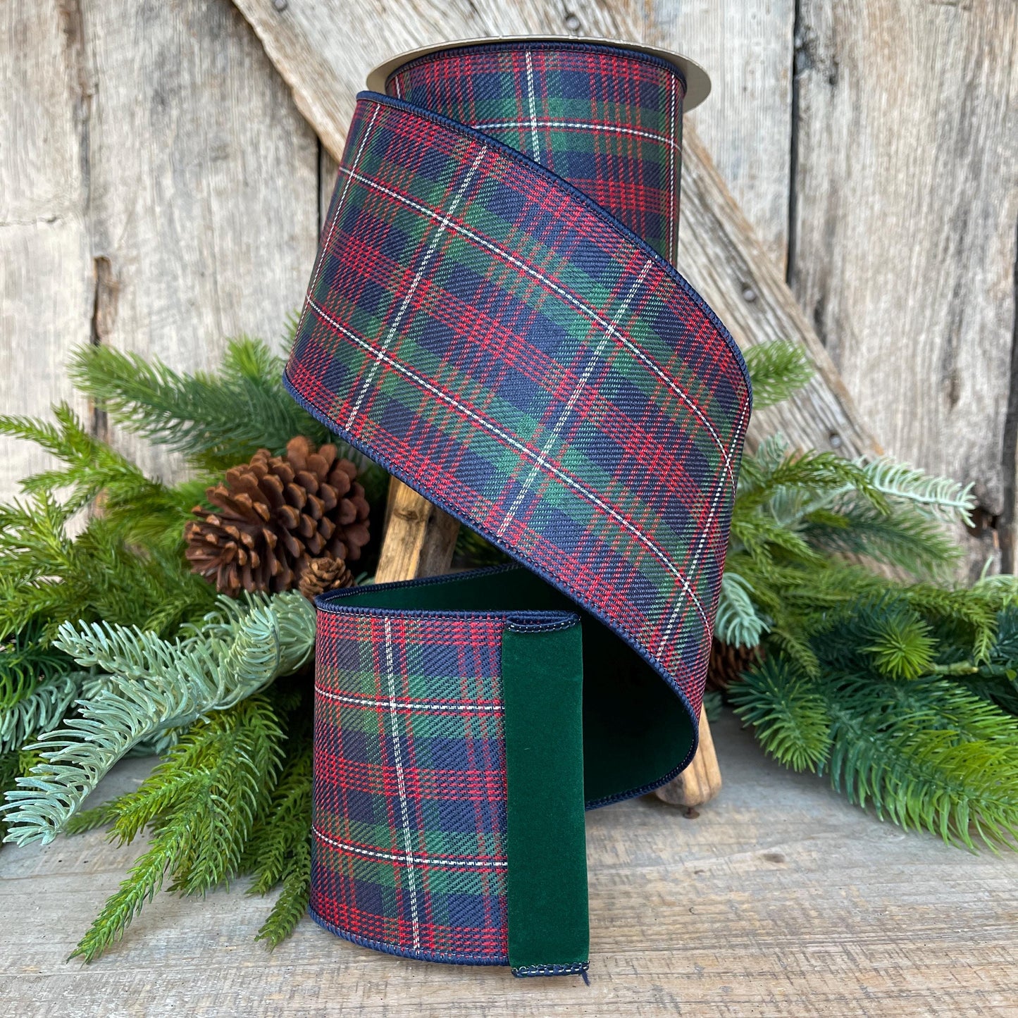 4" Blue Westchester Plaid Ribbon, Farrisilk Ribbon, Traditional Christmas Plaid Ribbon