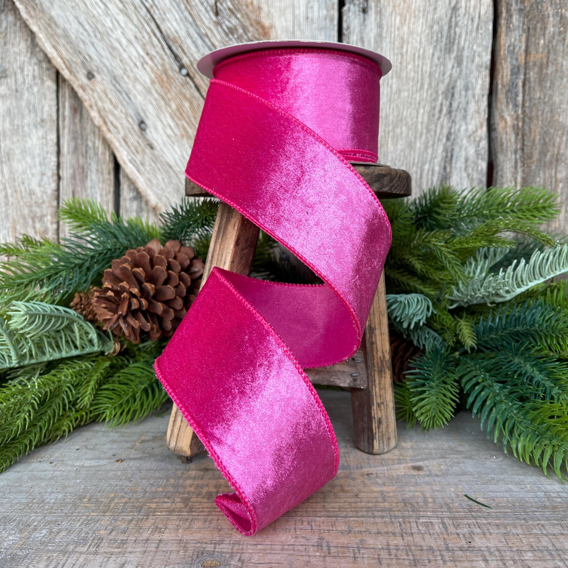 2.5 Hot pink Velveteen ribbon, wired ribbon, 2.5 inch ribbon