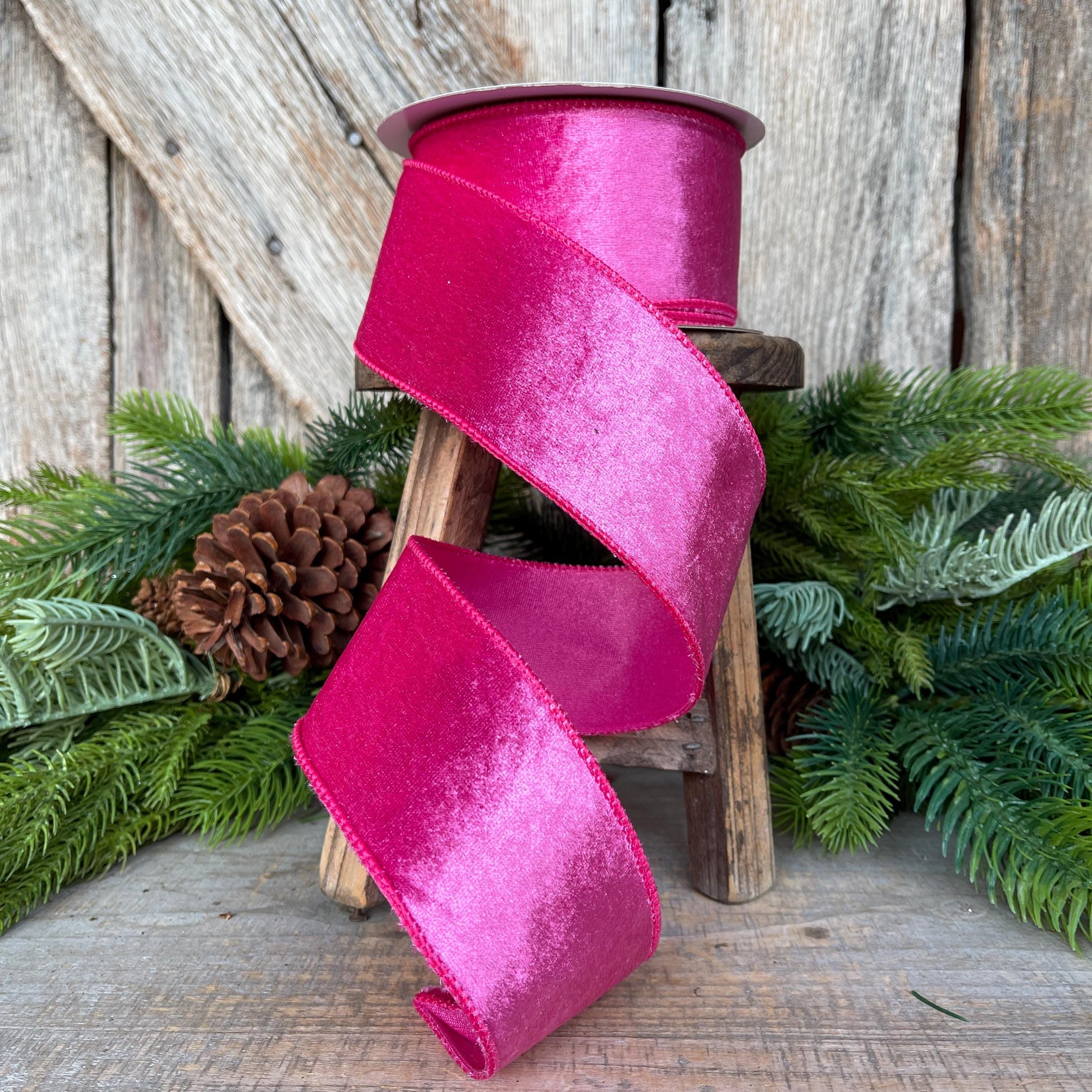2.5 Hot pink Velveteen ribbon, wired ribbon, 2.5 inch ribbon