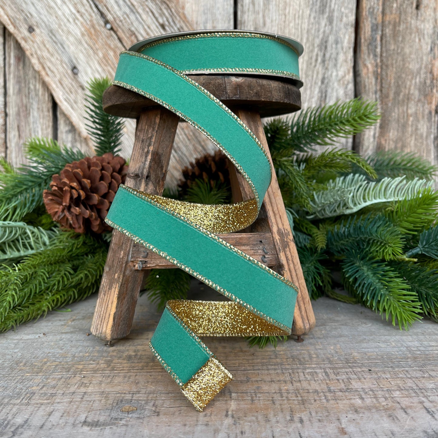 1" Teal Gold Gleam Ribbon, Farrisilk Ribbon, Wired Ribbon, Christmas Ribbon, Teal Ribbon, RS203-18