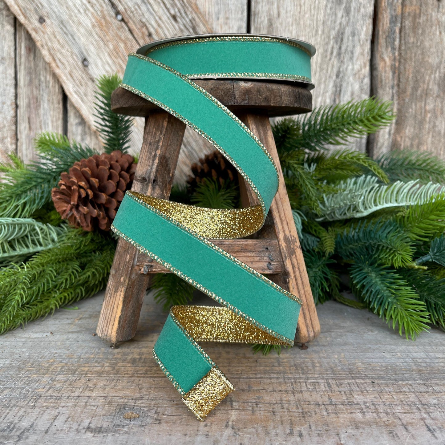 1" Teal Gold Gleam Ribbon, Farrisilk Ribbon, Wired Ribbon, Christmas Ribbon, Teal Ribbon, RS203-18
