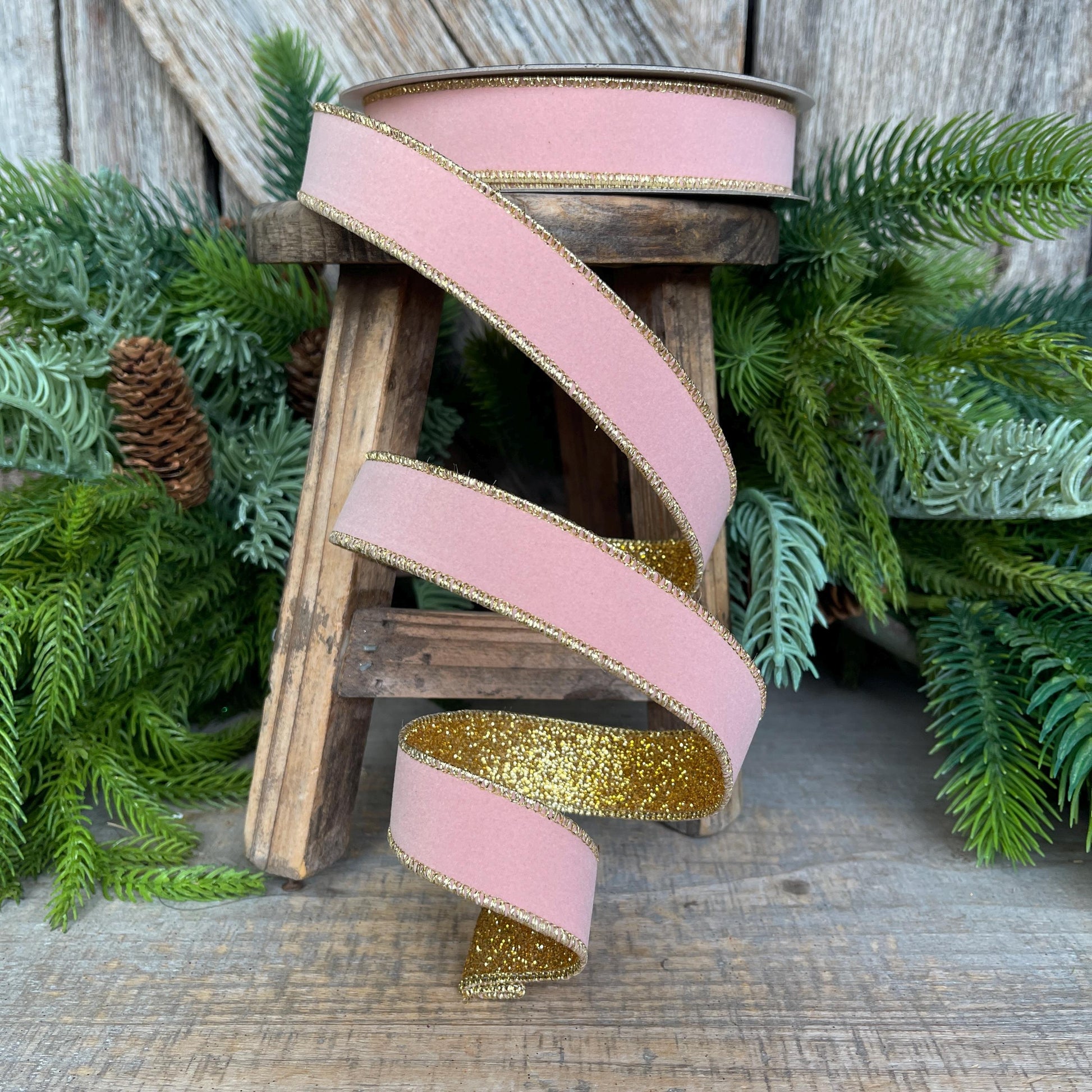 1" Blush Pink & Gold Ribbon, Farrisilk Ribbon, Gold Gleam Ribbon