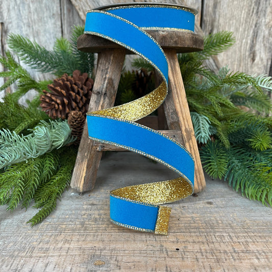 1" Blue Gold Gleam Ribbon, Farrisilk Ribbon, Wired Ribbon