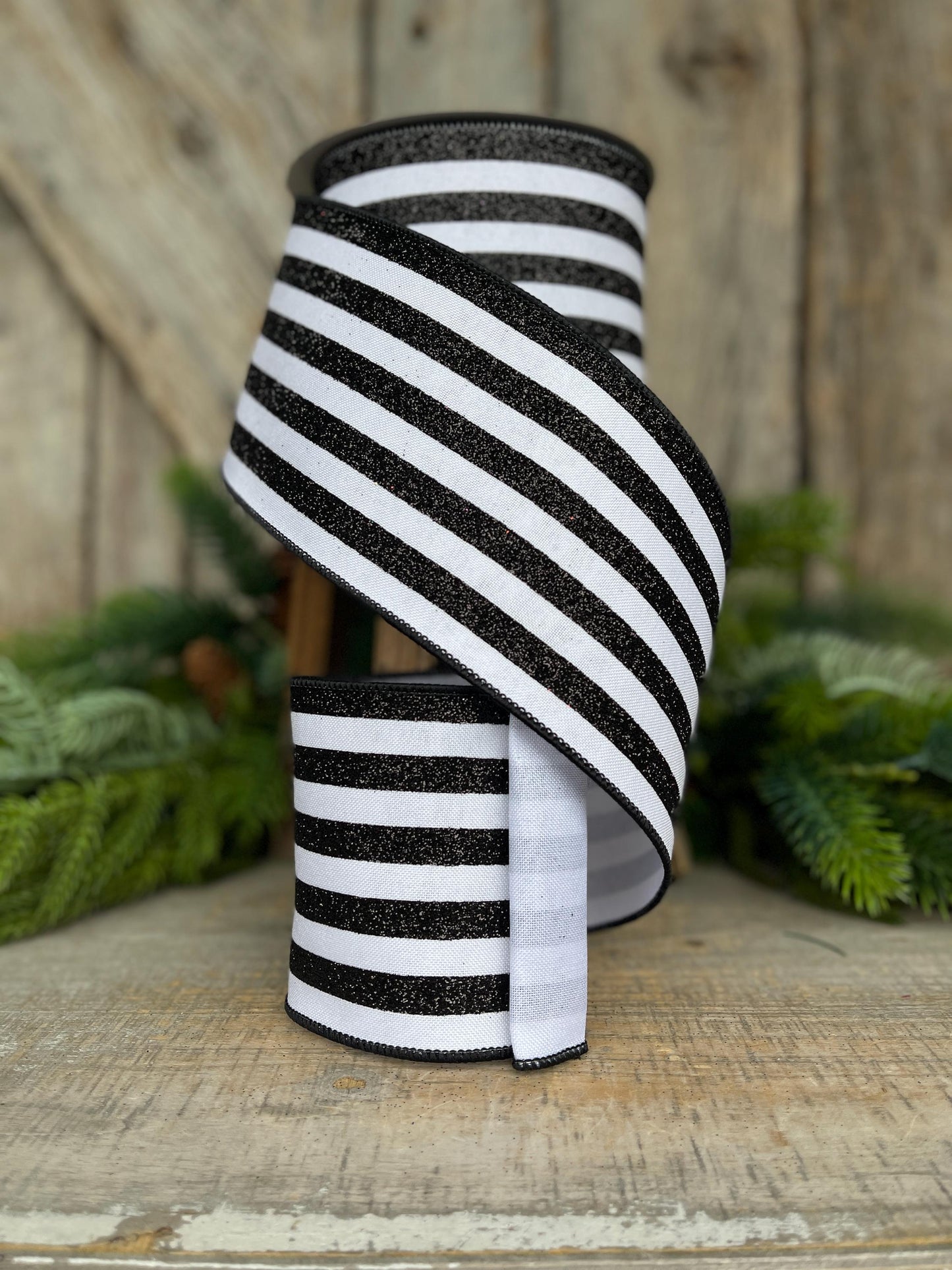 4" Black and White Glitter Stripe Ribbon, Farrisilk Ribbon, Ribbon for Christmas Tree