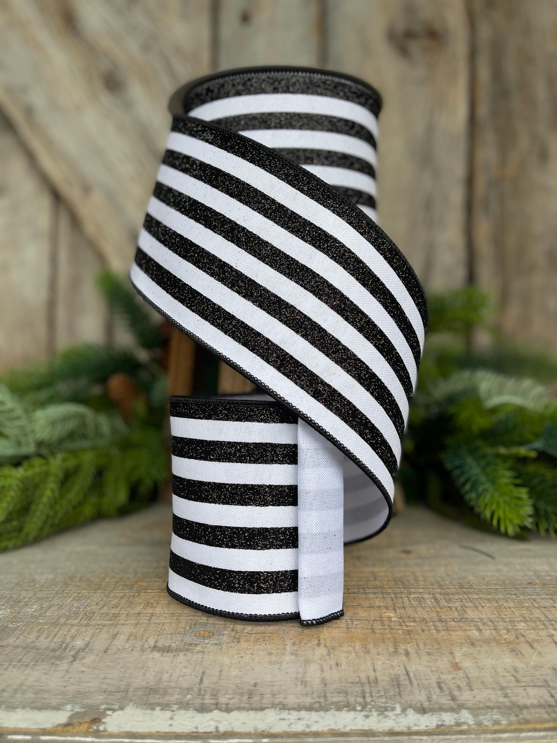 4" Black and White Glitter Stripe Ribbon, Farrisilk Ribbon, Ribbon for Christmas Tree