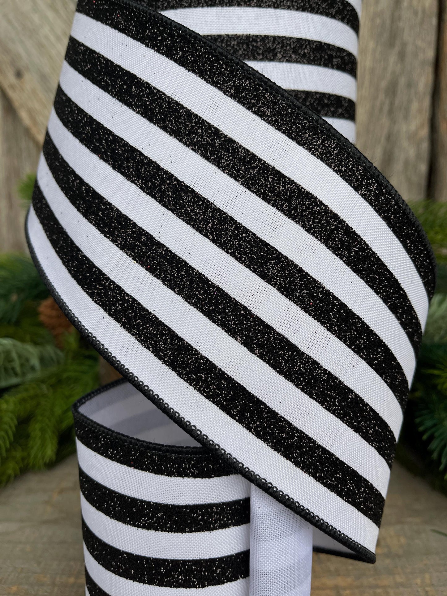 4" Black and White Glitter Stripe Ribbon, Farrisilk Ribbon, Ribbon for Christmas Tree