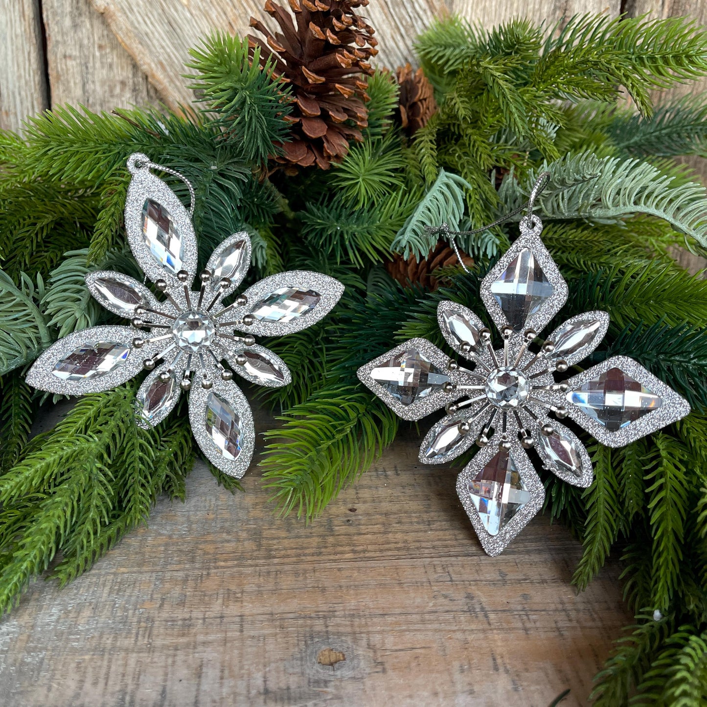 Set of 2 Silver Ornaments, Shatterproof Ornamnents, Silver Christmas Ornaments