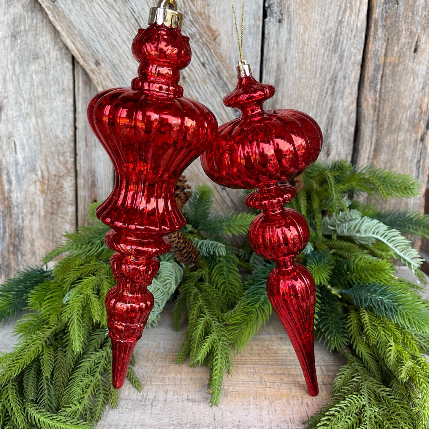 Set of 2 - 12" Red Iridescent Finial Ornament, Shatterproof Ornaments, Finial Ornaments