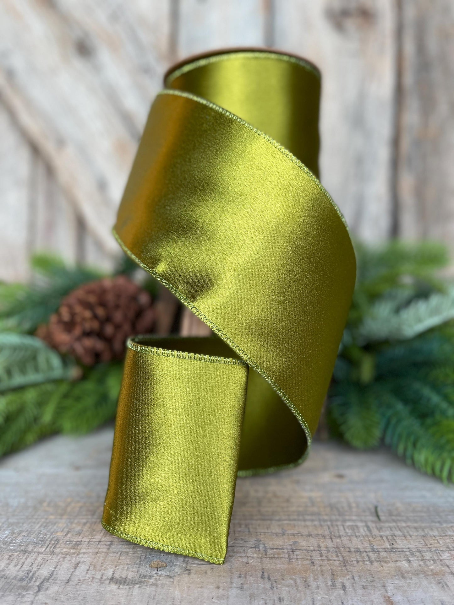 4" Moss Satin Ribbon, Christmas Ribbon, Shimmer Satin Ribbon, Wired Ribbon, Moss Green Ribbon