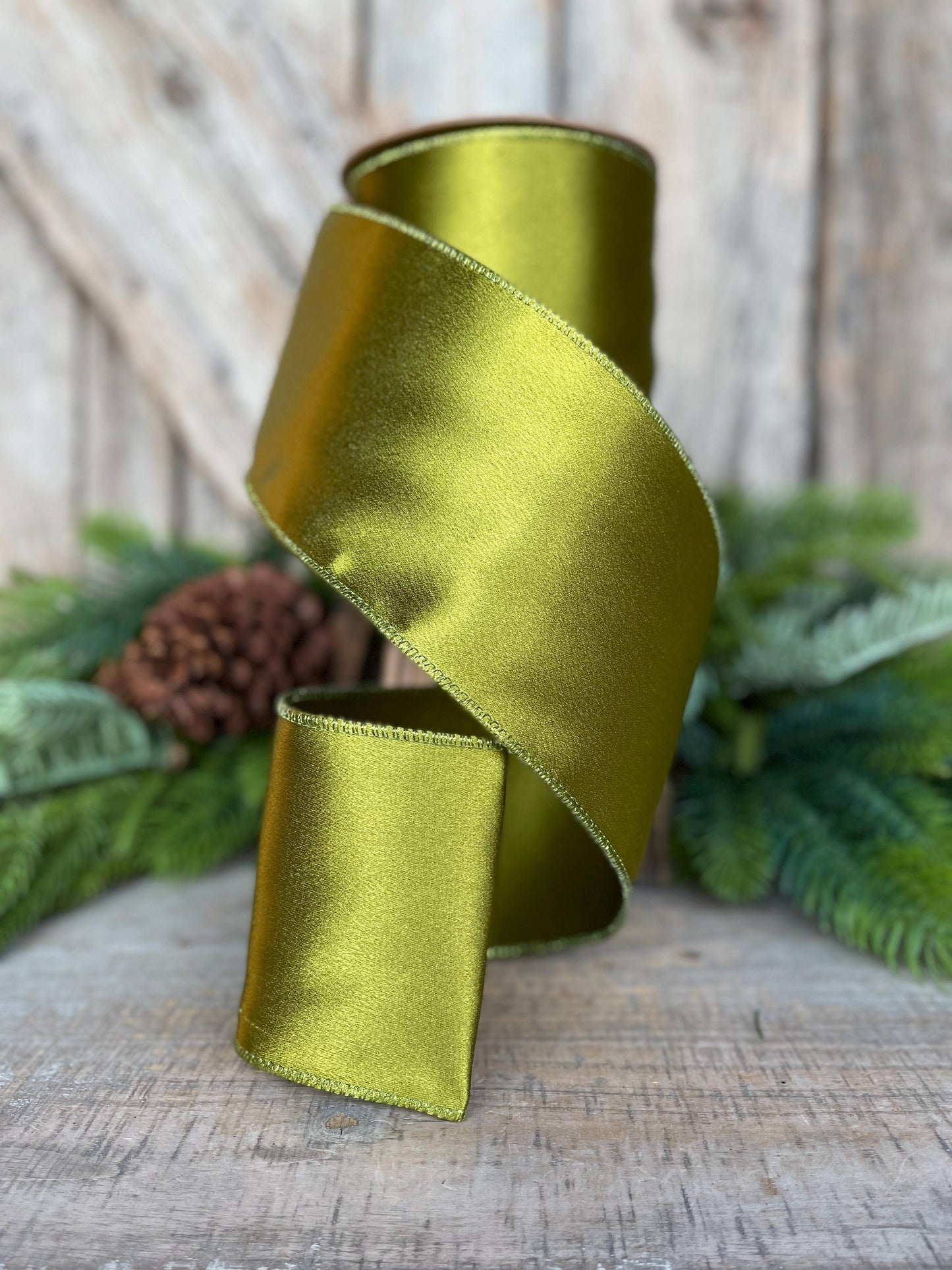 4" Moss Satin Ribbon, Christmas Ribbon, Shimmer Satin Ribbon, Wired Ribbon, Moss Green Ribbon
