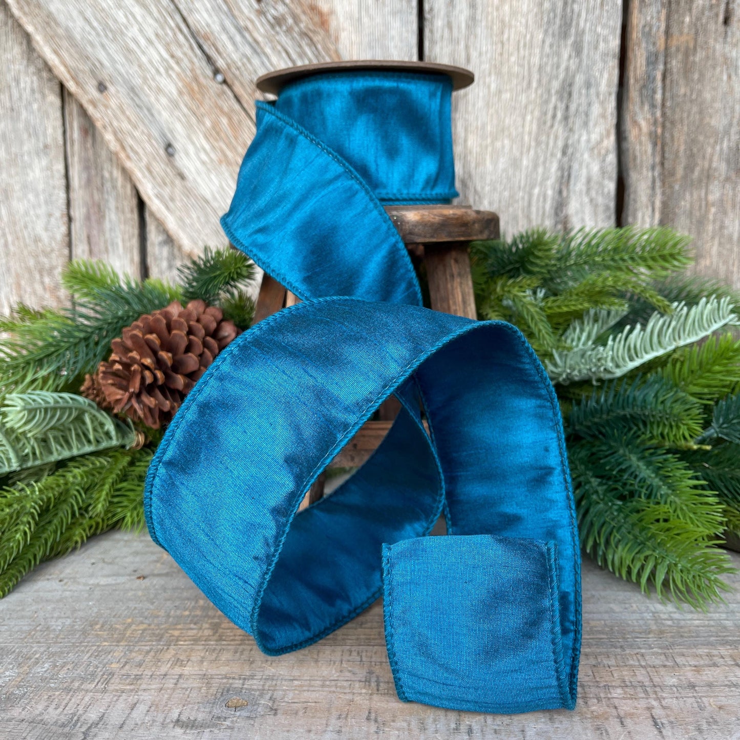 2.5" Turquoise Dupioni Ribbon, wired ribbon, Christmas Ribbon, Jewel Tone Ribbon, Turquoise ribbon, Teal Ribbon