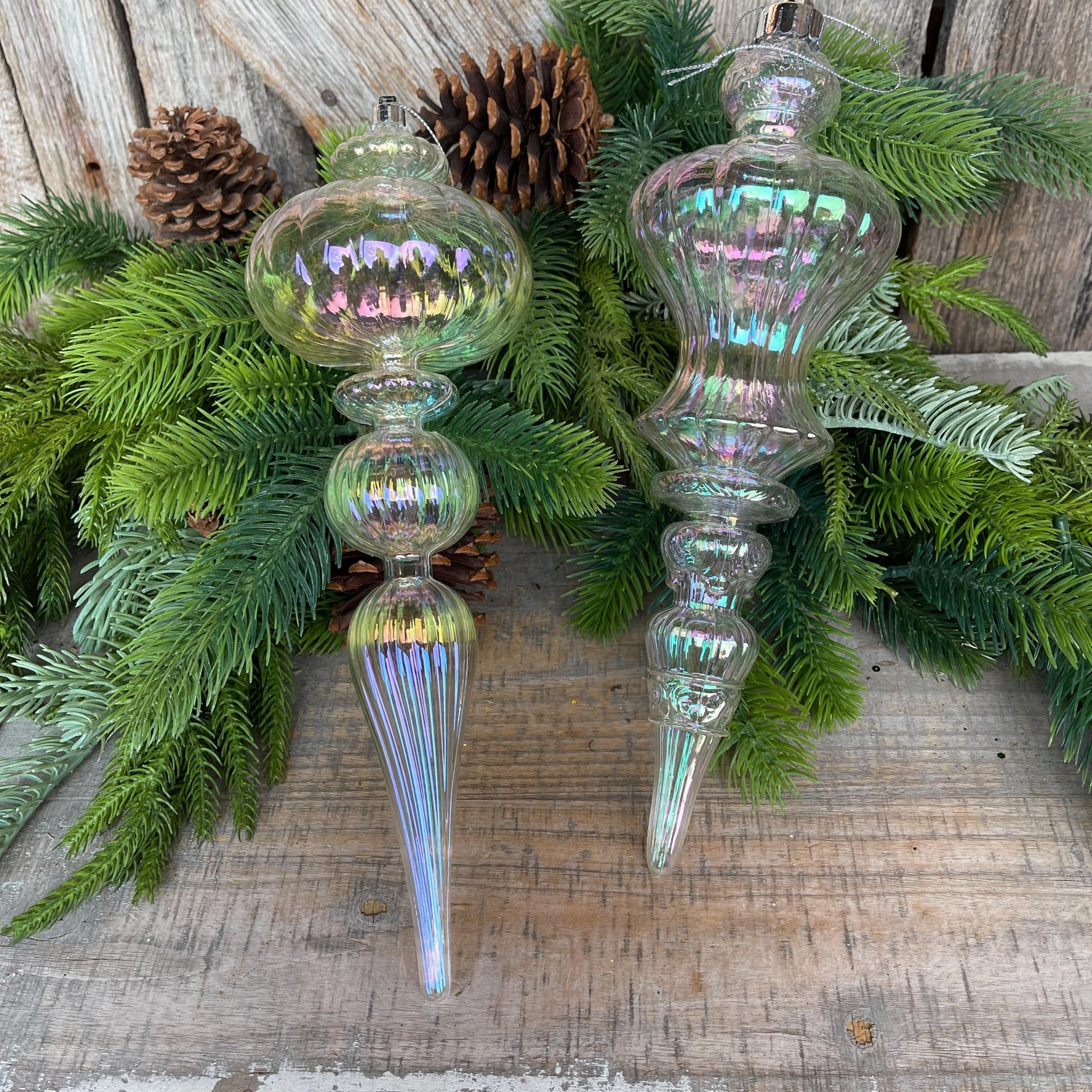 Set of 2 - 12" Iridescent Finial Ornament, Shatterproof Ornaments, Finial Ornaments
