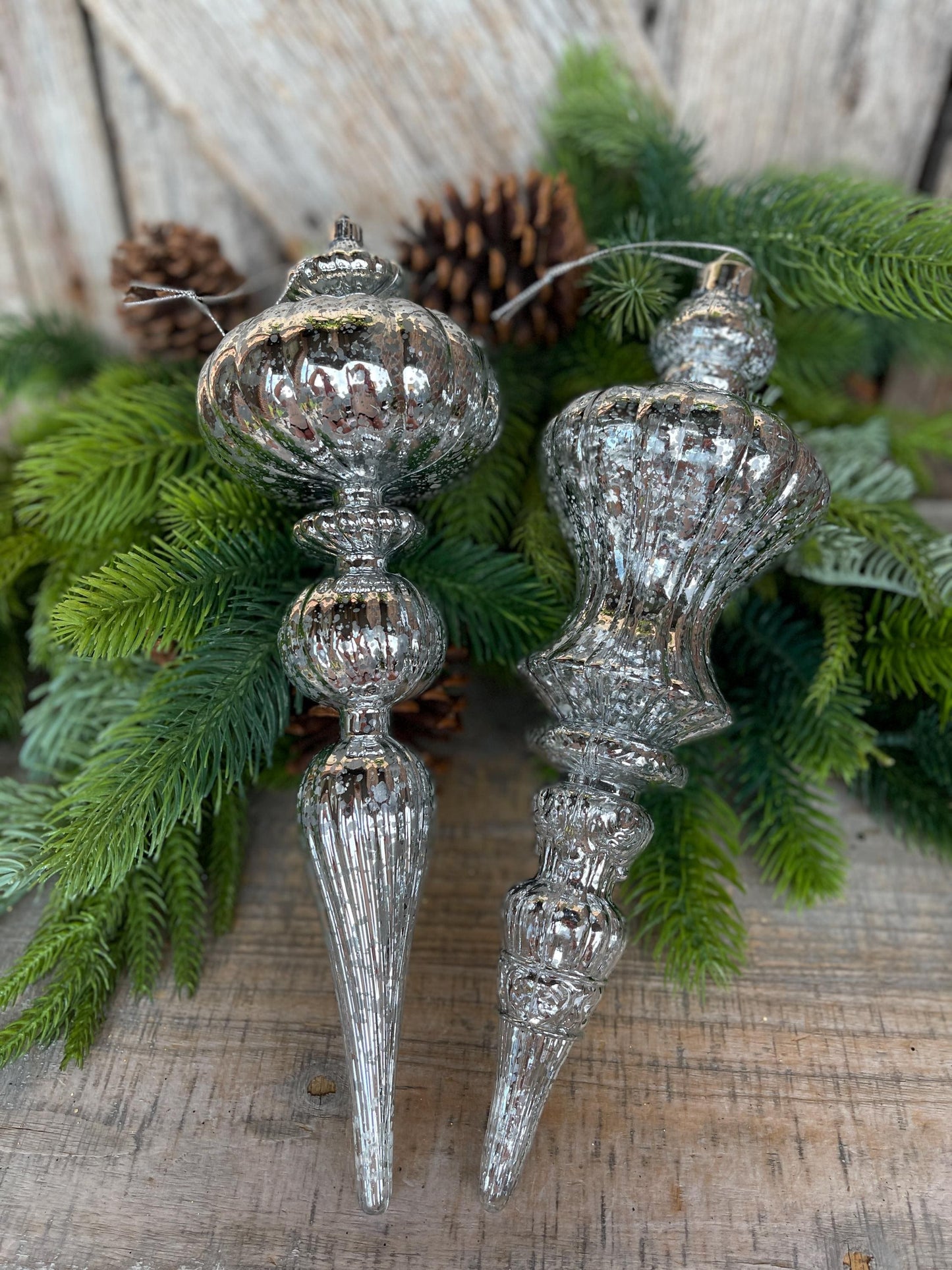Set of 2 - 12" Silver Finial Ornament, Shatterproof Ornaments, Finial Ornaments, Christmas Ornaments, Silver Christmas Ornaments