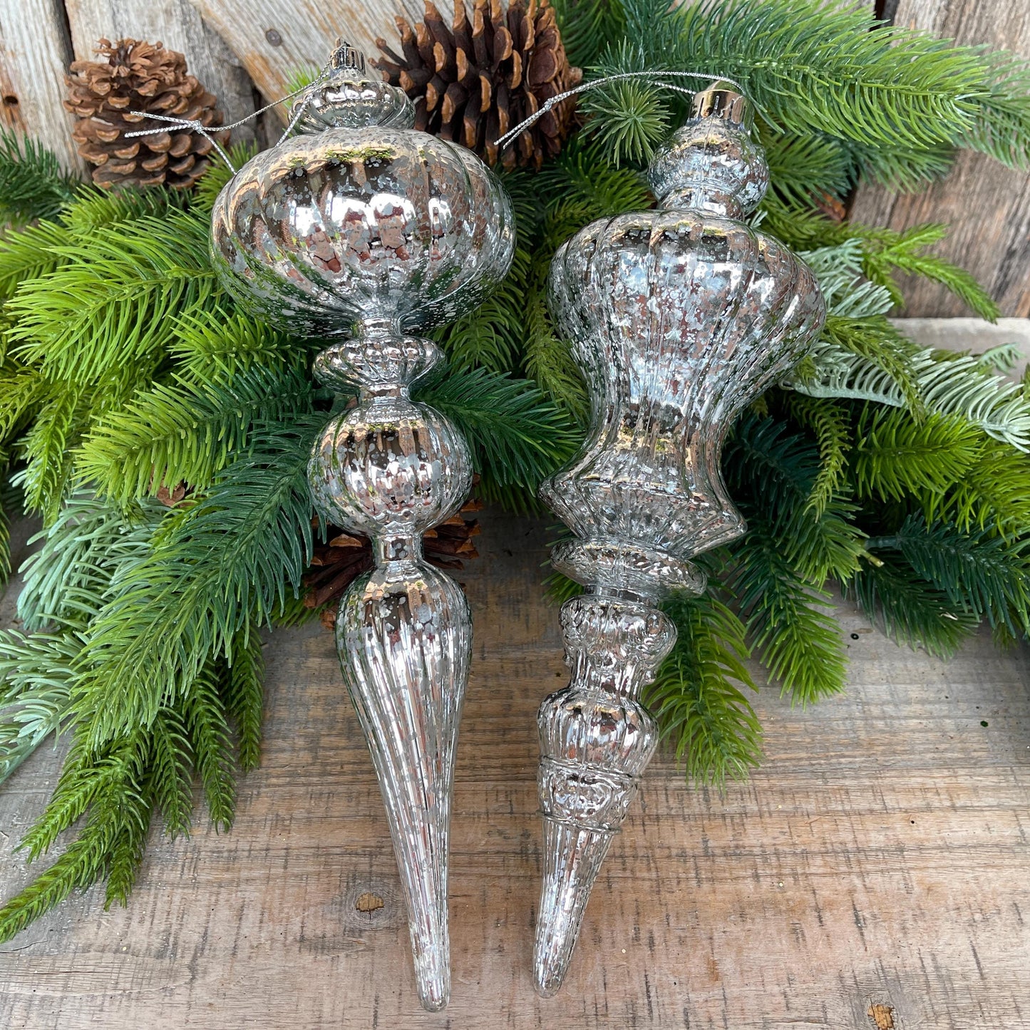 Set of 2 - 12" Silver Finial Ornament, Shatterproof Ornaments, Finial Ornaments, Christmas Ornaments, Silver Christmas Ornaments