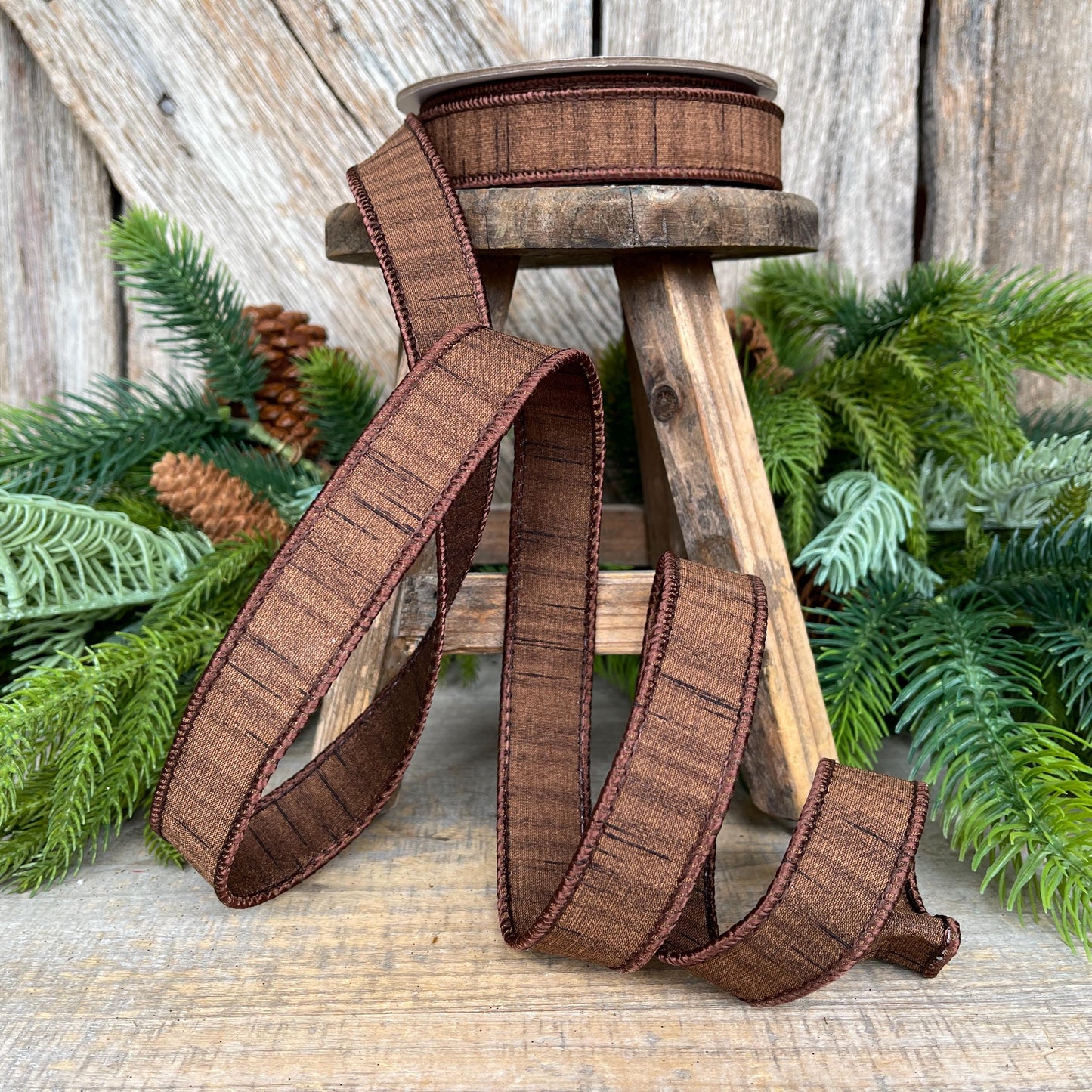 1” Pecan Brown Ribbon, Farrisilk ribbon, Shimmering Silk ribbon, Christmas Ribbon, Wired Ribbon, wood ribbon, Woodsy Christmas, RK879-35