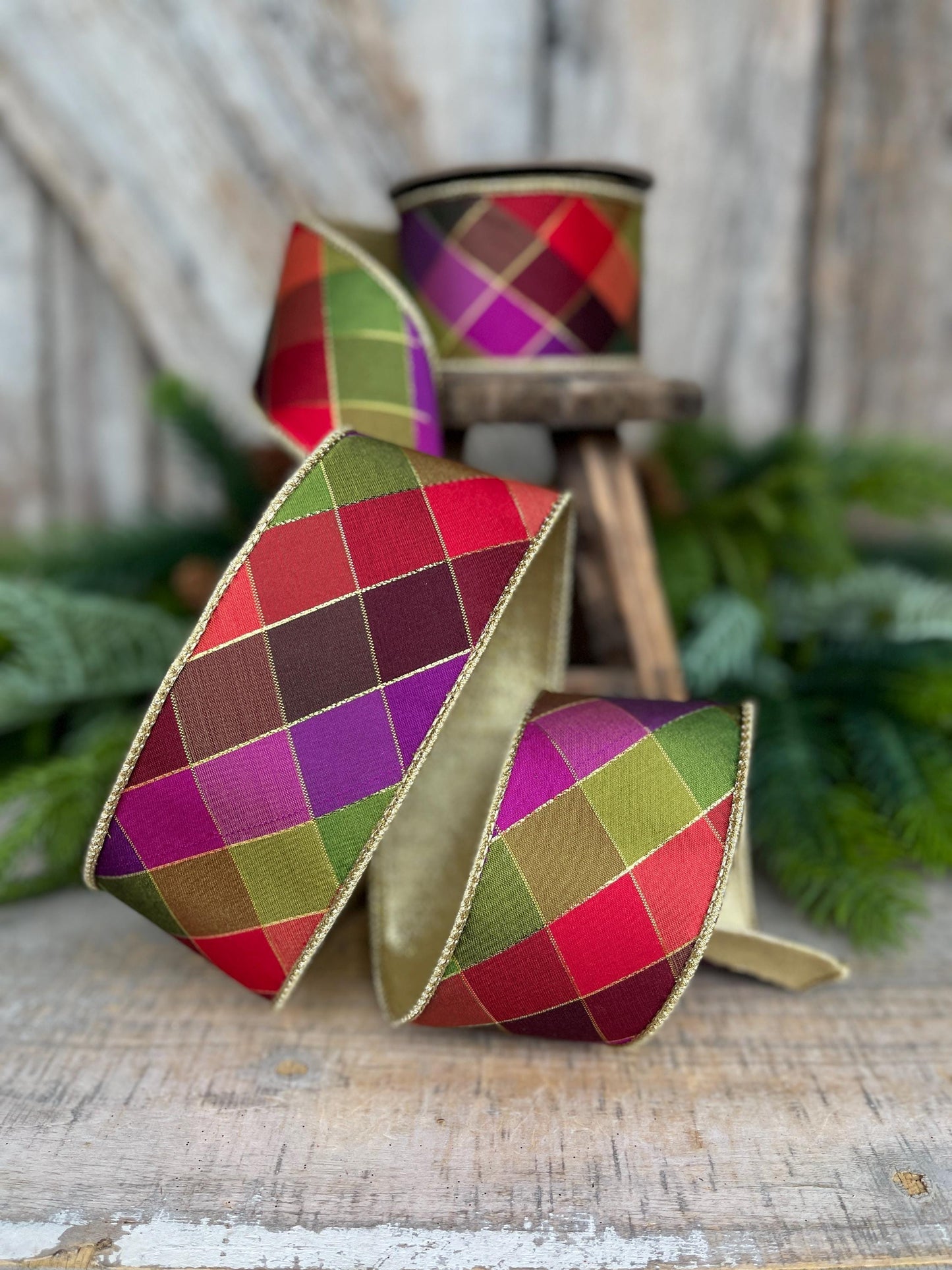2.5" Fall Diamond Ribbon, Christmas Ribbon, Harlequin Ribbon