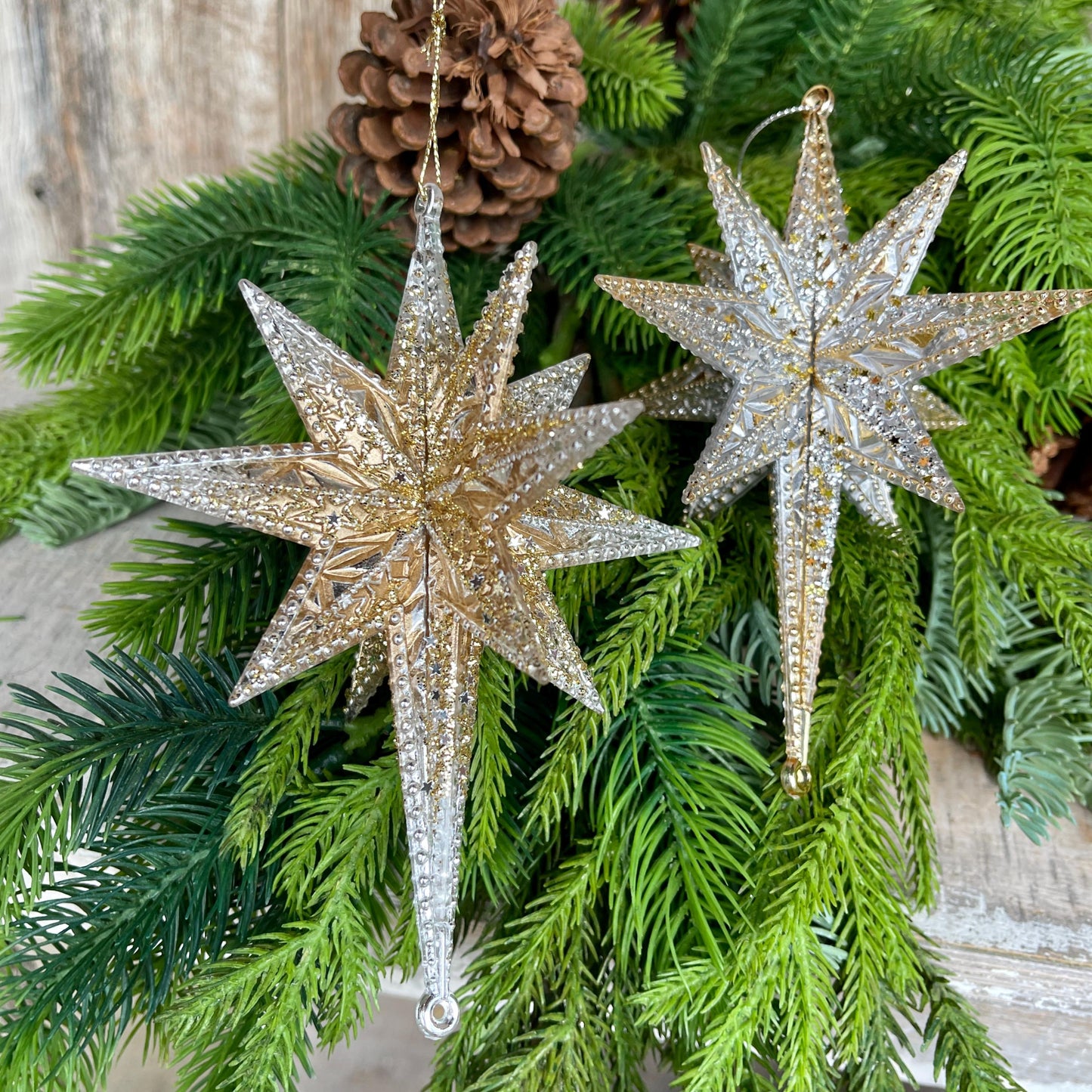Set of 2 Gold Embroidered Ornaments, 4" Gold Ornaments, Star Ornaments, Gold Christmas Tree Ornaments, Gold Star Ornaments