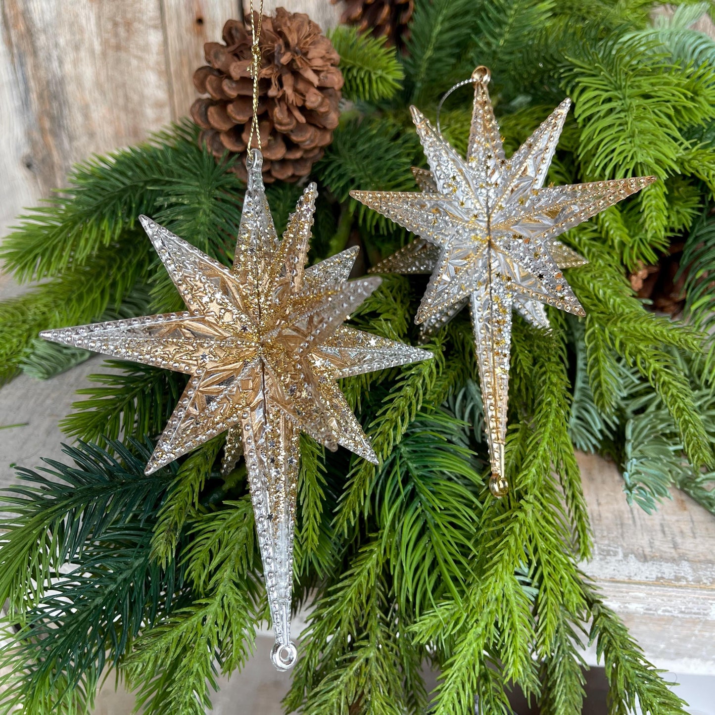 Set of 2 Gold Embroidered Ornaments, 4" Gold Ornaments, Star Ornaments, Gold Christmas Tree Ornaments, Gold Star Ornaments