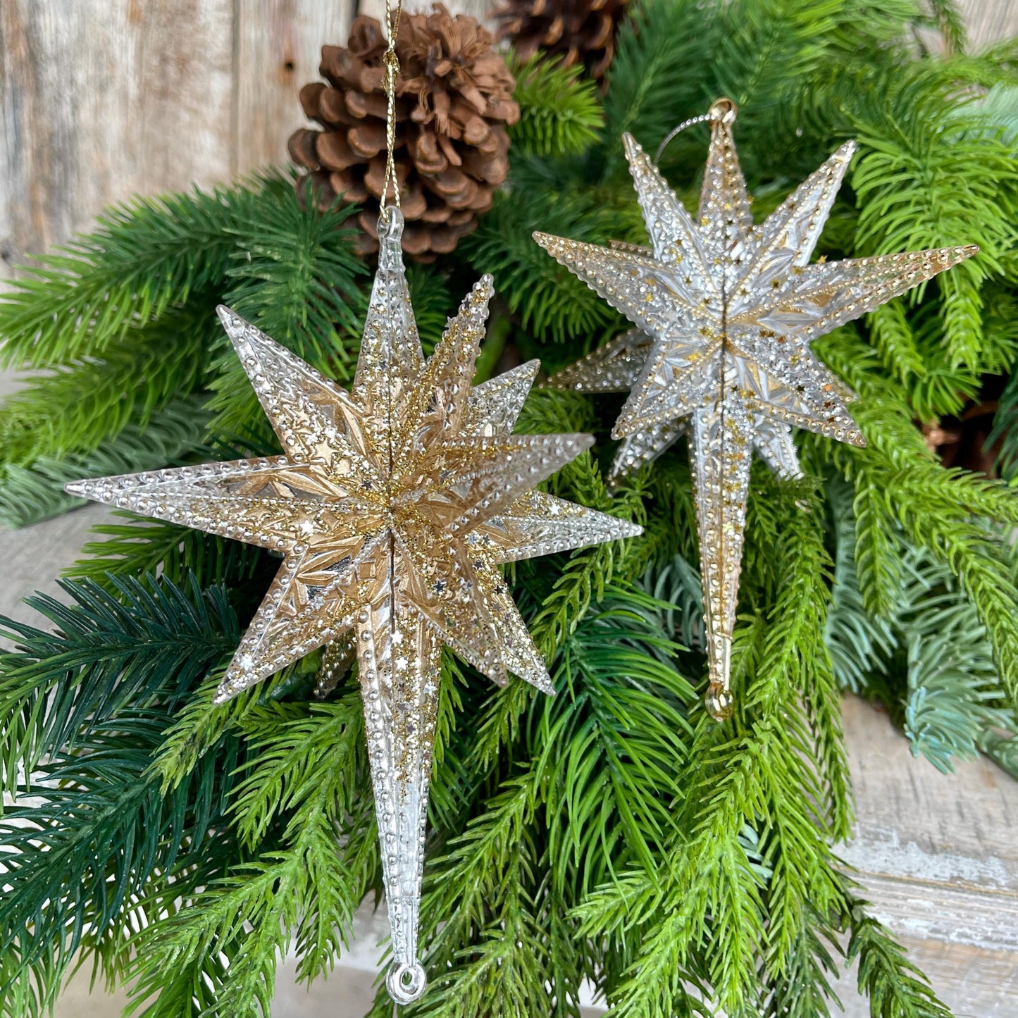 Set of 2 Gold Embroidered Ornaments, 4" Gold Ornaments, Star Ornaments, Gold Christmas Tree Ornaments, Gold Star Ornaments