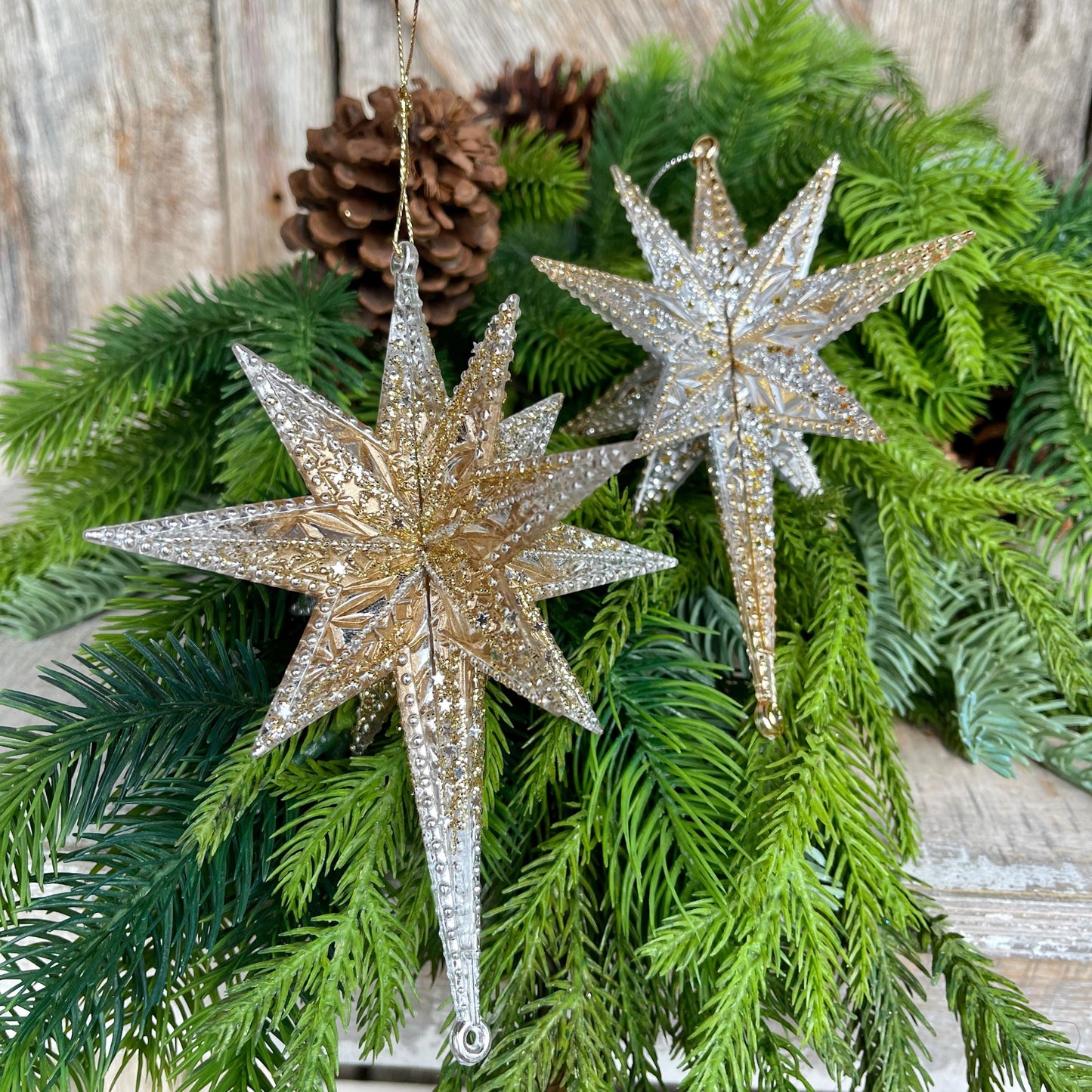 Set of 2 Gold Embroidered Ornaments, 4" Gold Ornaments, Star Ornaments, Gold Christmas Tree Ornaments, Gold Star Ornaments
