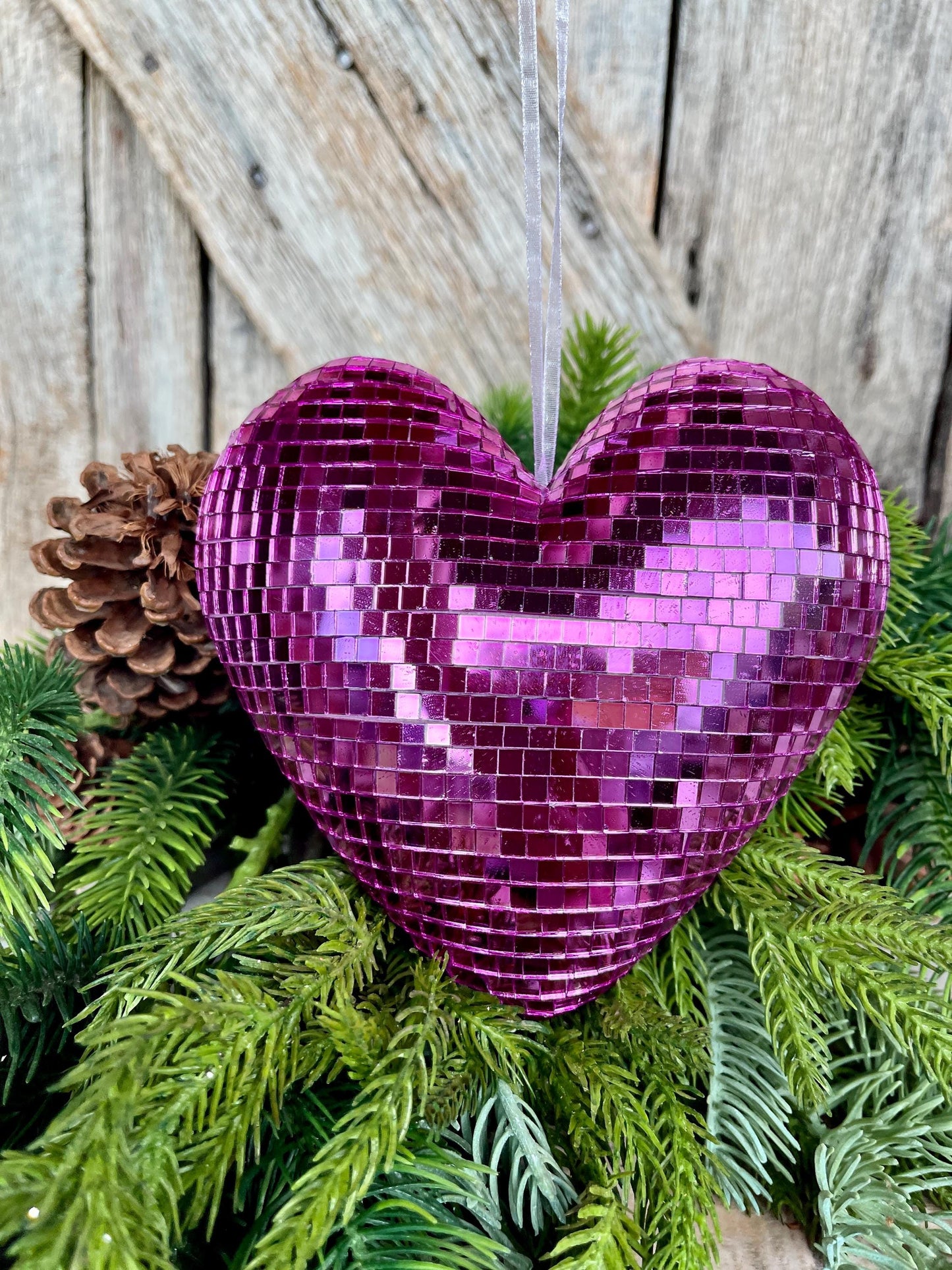 6" Pink Disco Heart Ornament, Pink Heart Ornament, Disco Heart