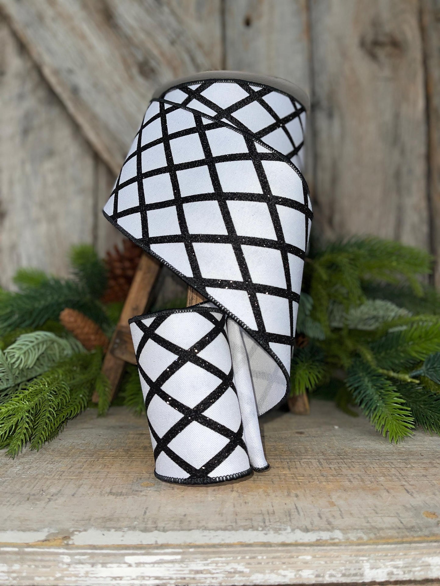 4" Black White Lattice RIbbon, Spring Ribbon, Christmas Ribbon