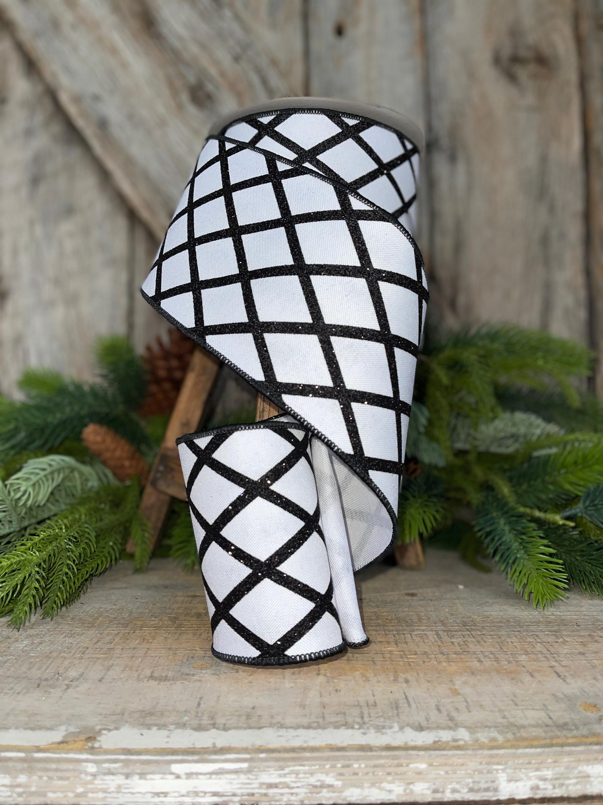 4" Black White Lattice RIbbon, Spring Ribbon, Christmas Ribbon