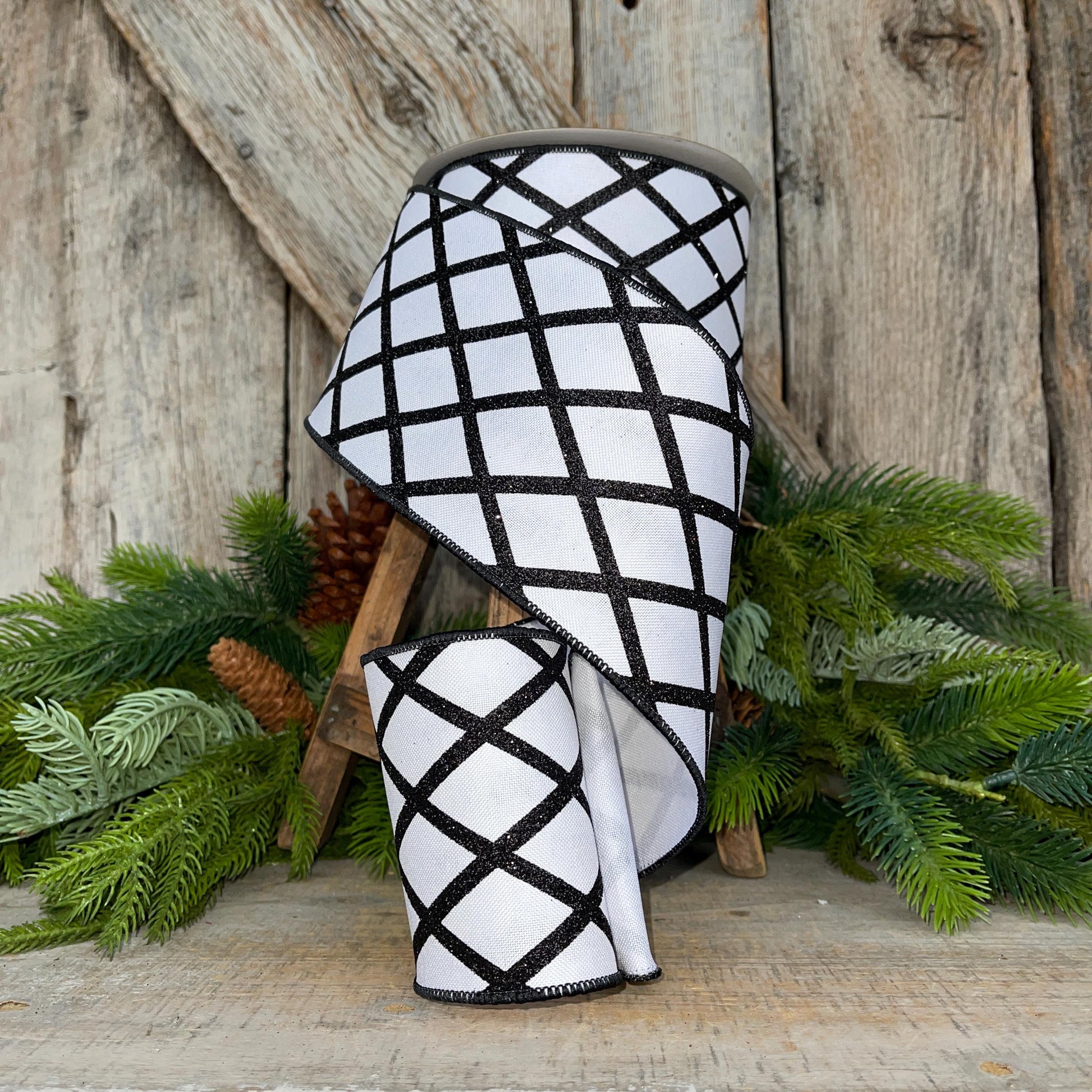 4" Black White Lattice RIbbon, Spring Ribbon, Christmas Ribbon