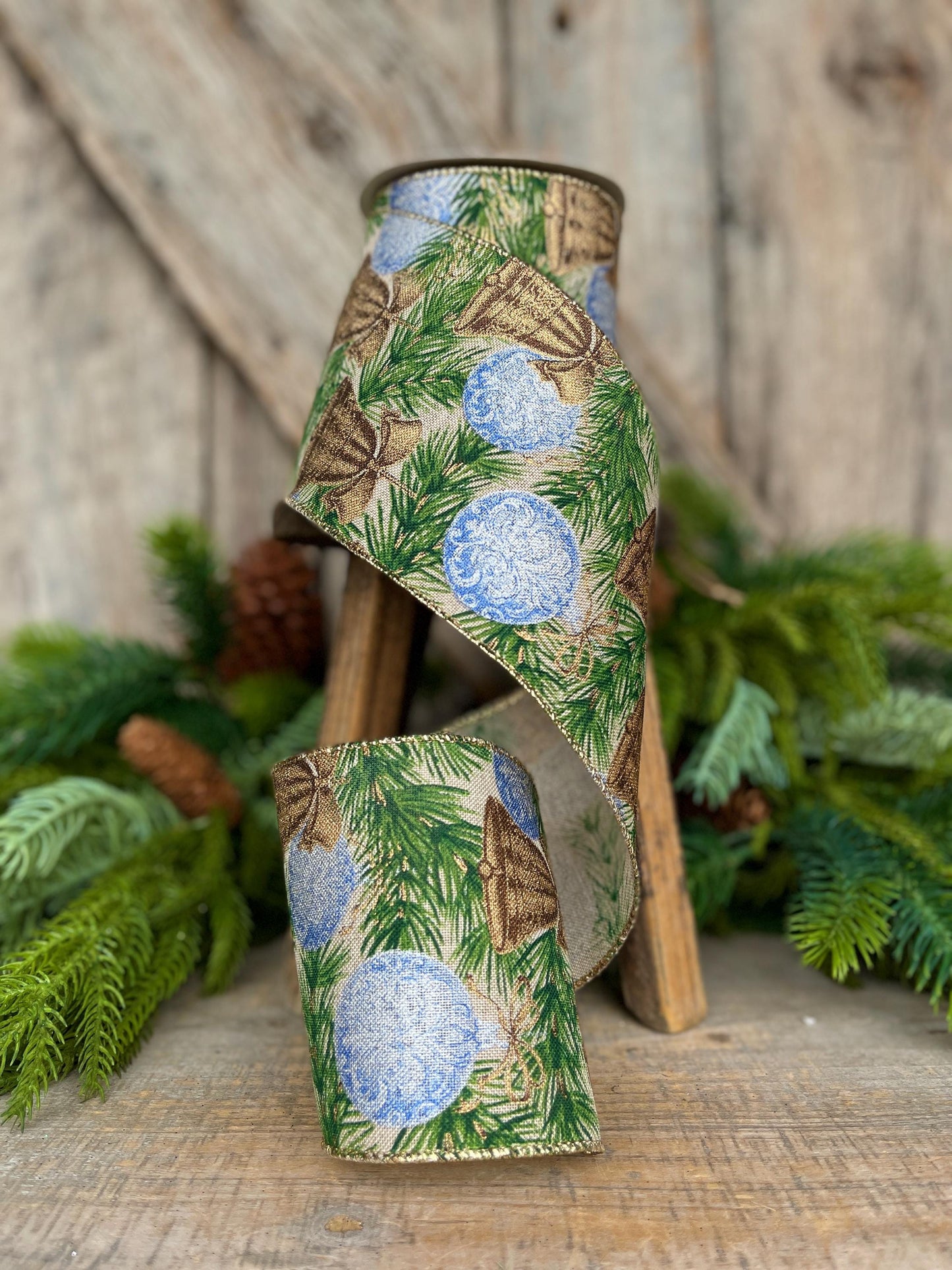 4" Christmas Ribbon with Blue Ornaments & Gold Bells, Holiday Wired Ribbon, Pine Greenery Ribbon, Rustic Christmas Ribbon