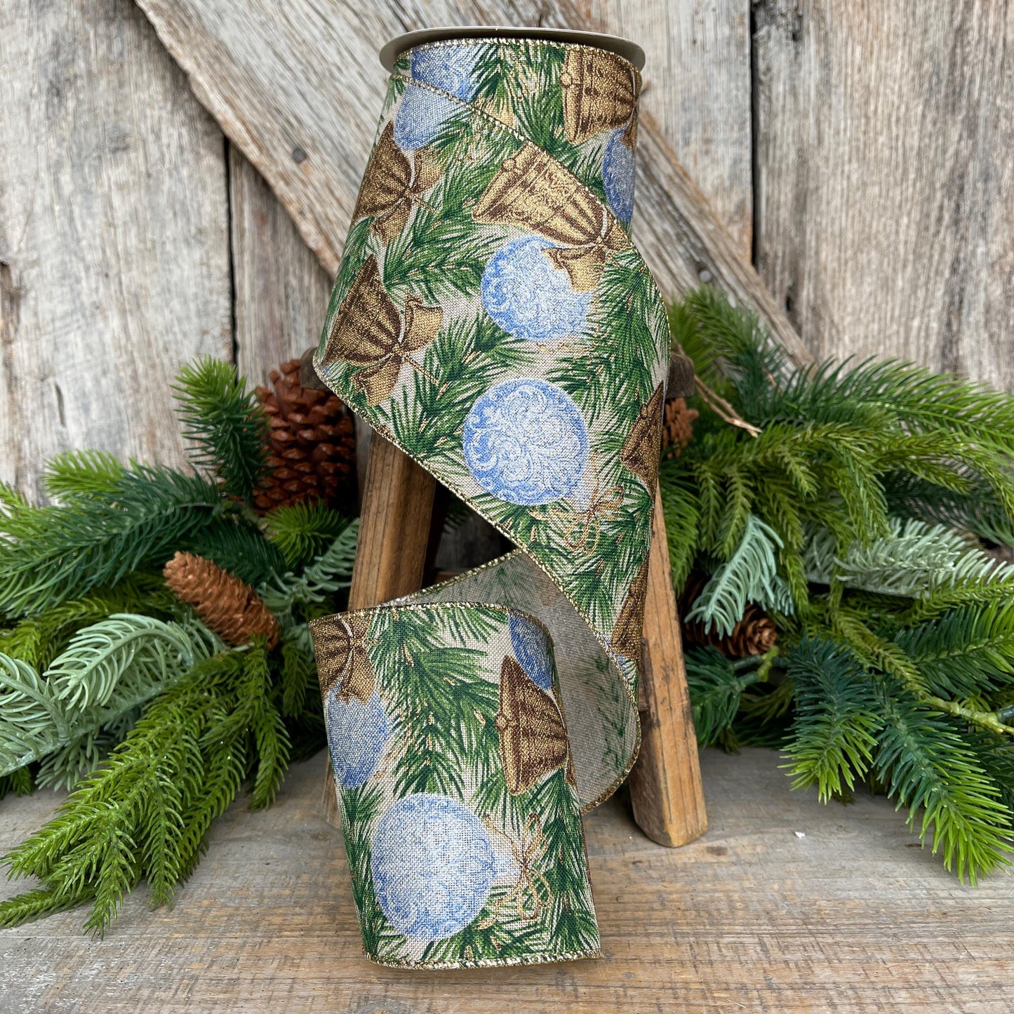 4" Christmas Ribbon with Blue Ornaments & Gold Bells, Holiday Wired Ribbon, Pine Greenery Ribbon, Rustic Christmas Ribbon