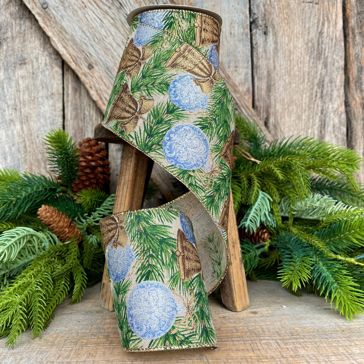 4" Christmas Ribbon with Blue Ornaments & Gold Bells, Holiday Wired Ribbon, Pine Greenery Ribbon