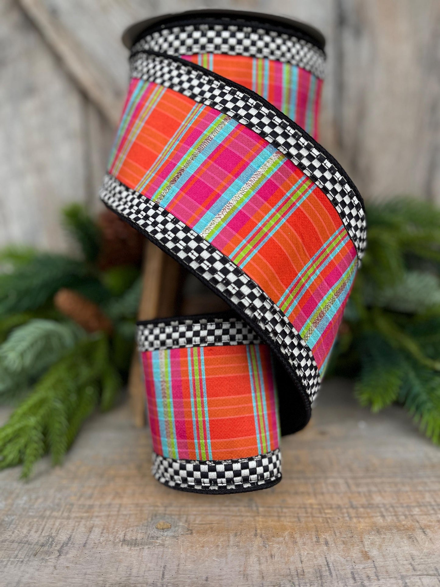 4" Kitschy Plaid Ribbon, Farrisilk Ribbon, Christmas Plaid Ribbon
