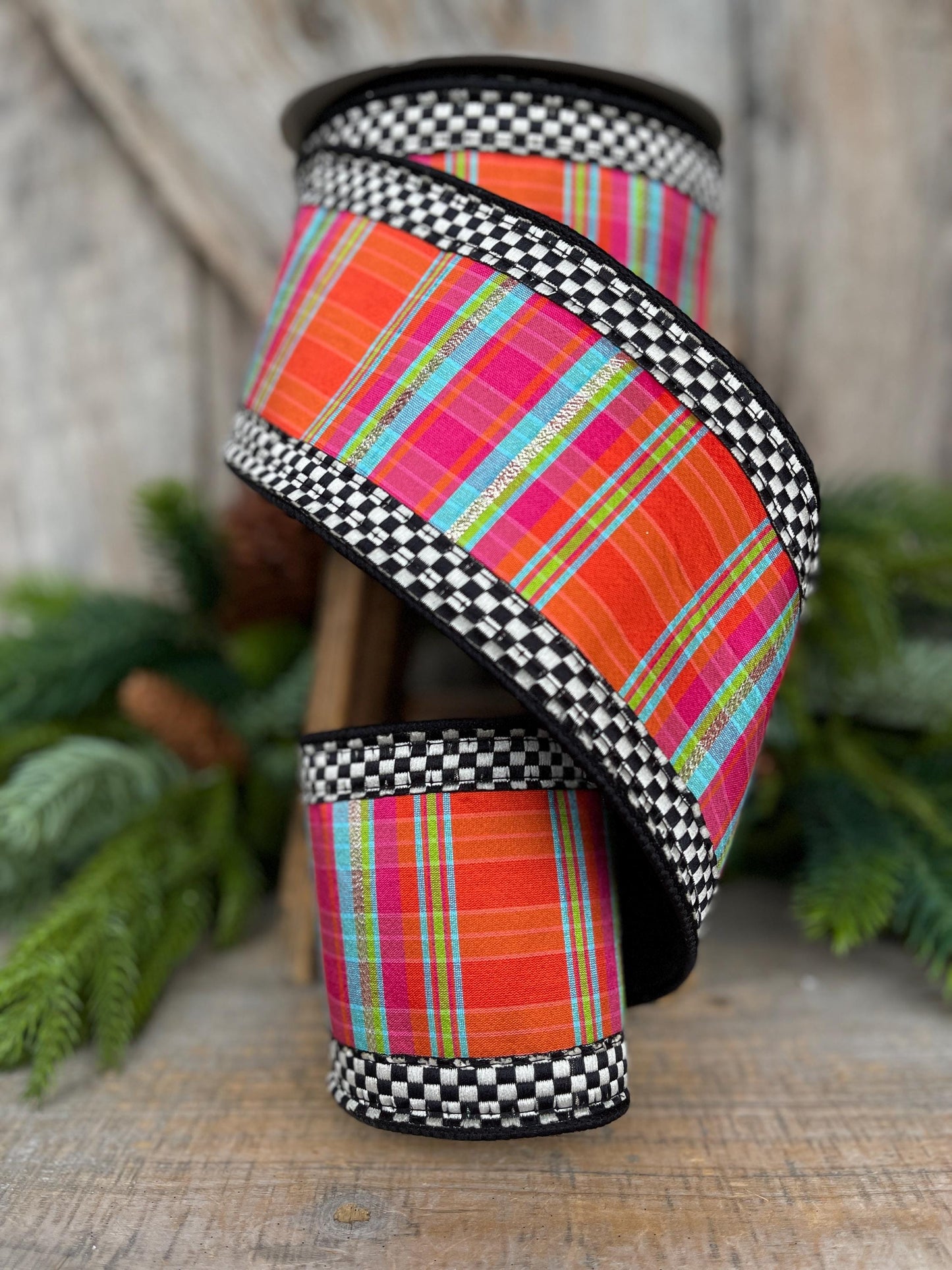 4" Kitschy Plaid Ribbon, Farrisilk Ribbon, Christmas Plaid Ribbon