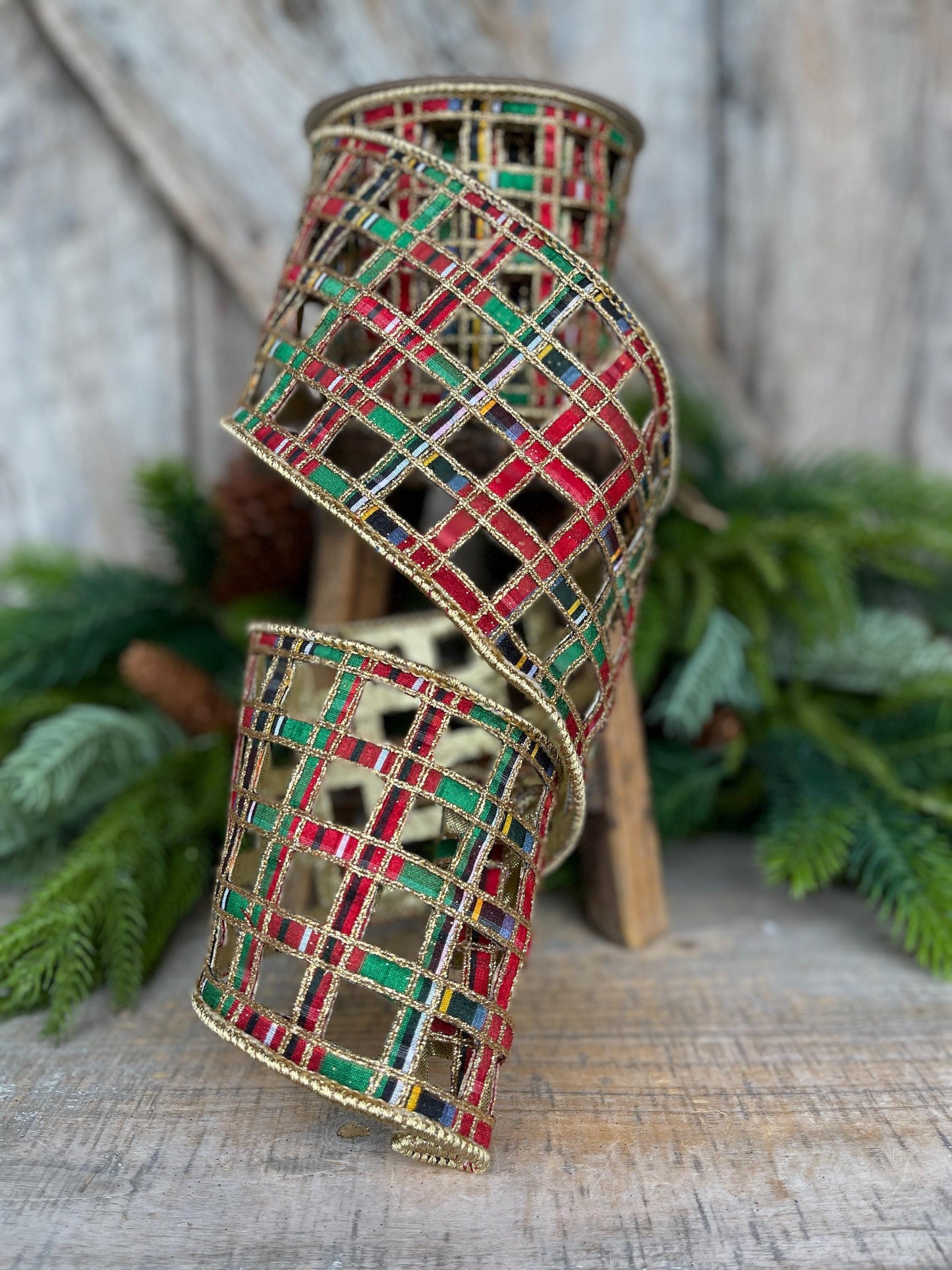 4" Traditional Christmas Plaid Ribbon, Farrisilk Ribbon, Window Plaid Ribbon